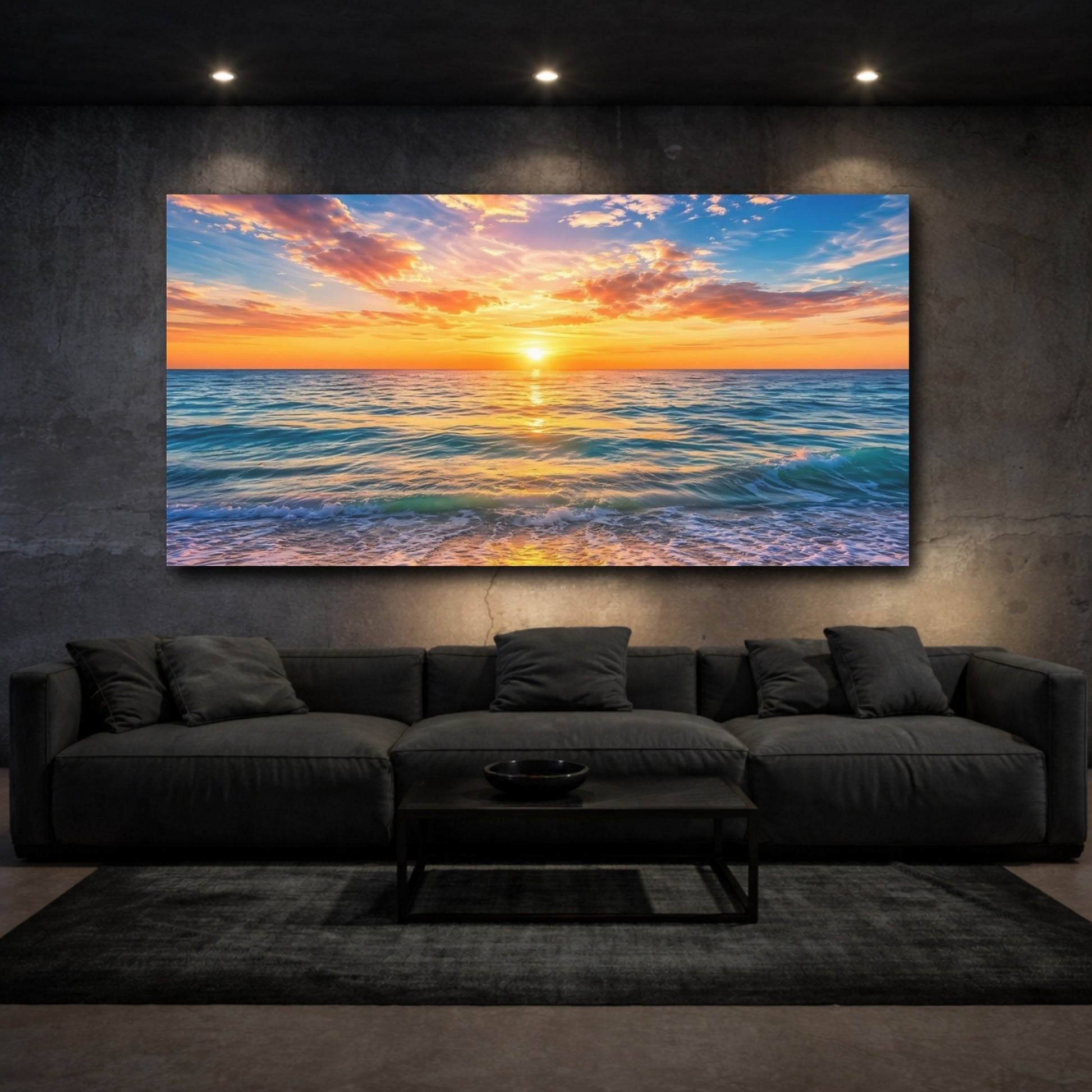 Mockup 2. Nature Ocean Sunset Ocean Sunset shown as stretched canvas wall art