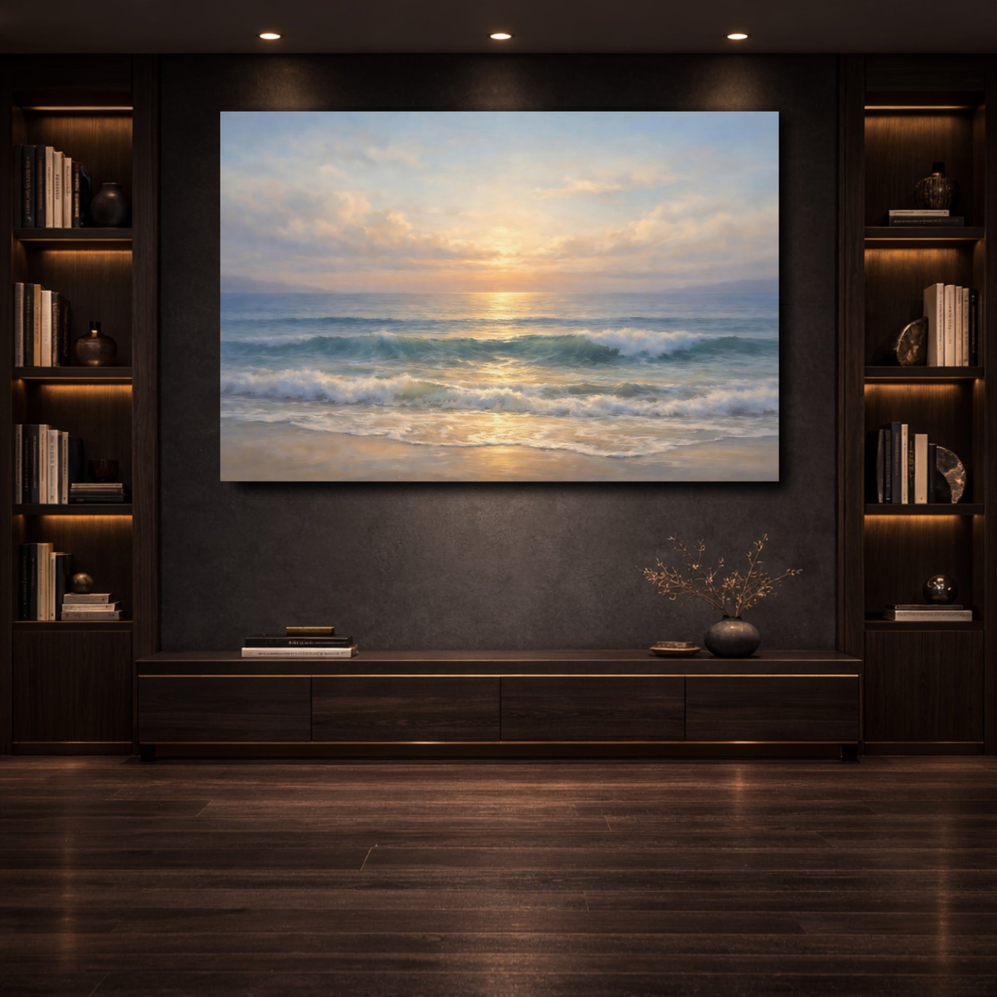 Mockup 3. Nature Ocean Sunset Ocean Sunset shown as stretched canvas wall art