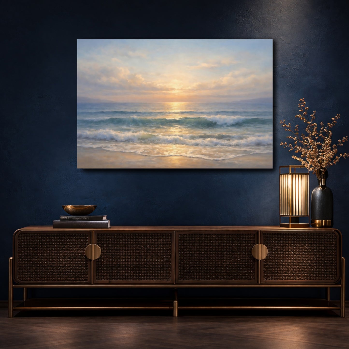 Mockup 4. Nature Ocean Sunset Ocean Sunset shown as stretched canvas wall art