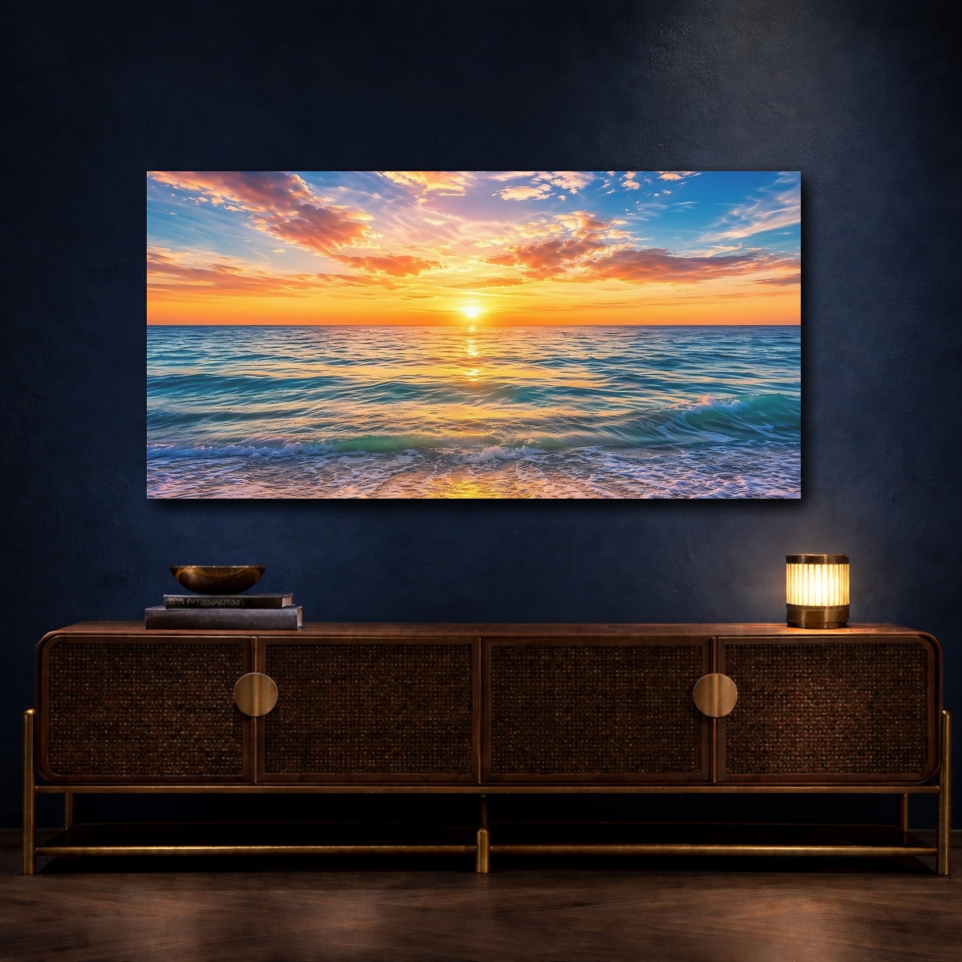 Mockup 4. Nature Ocean Sunset Ocean Sunset shown as stretched canvas wall art