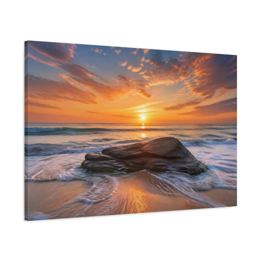 Main Mockup. Nature Ocean Sunset Orange And Blue shown as stretched canvas wall art