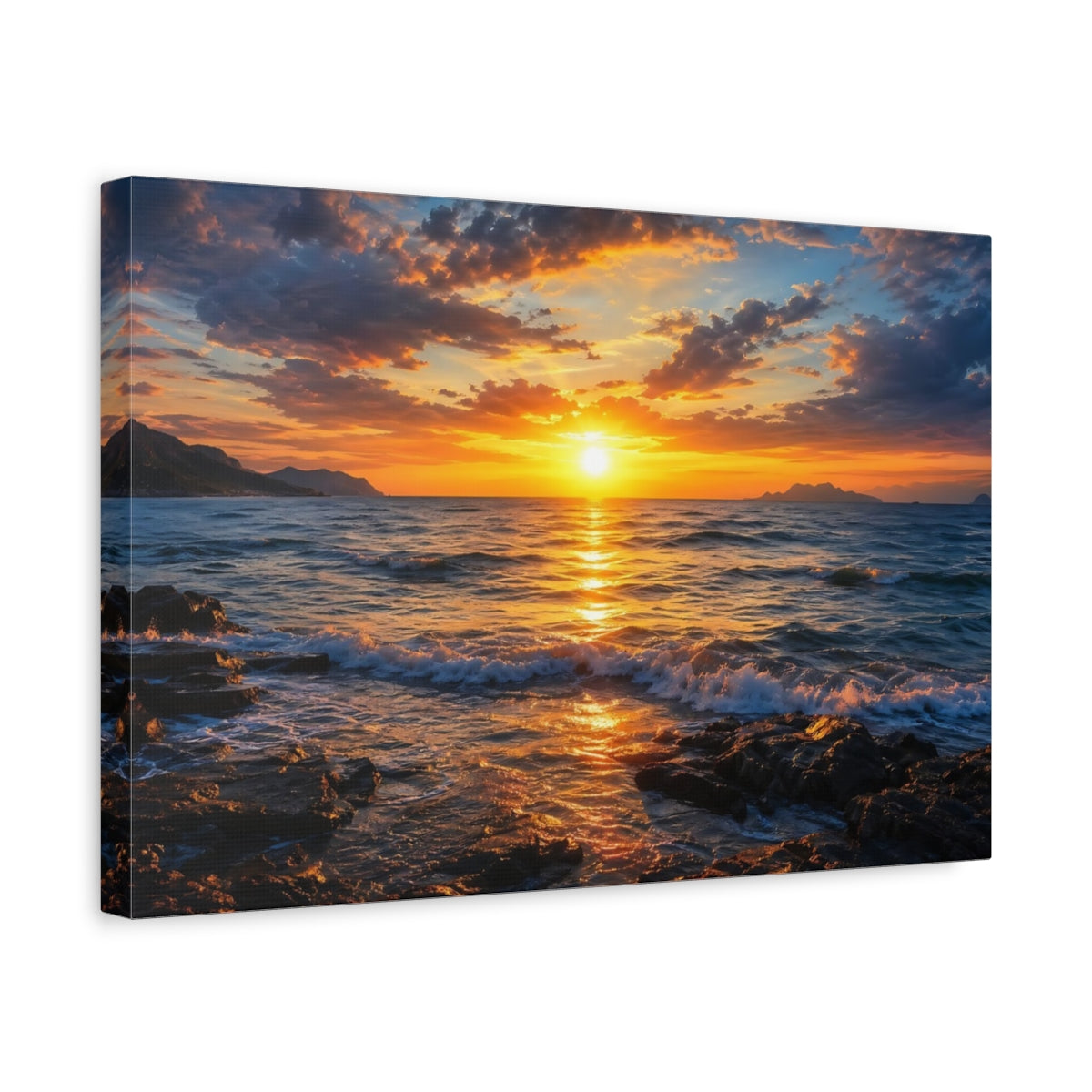 Side Mockup 4. Nature Ocean Sunset Orange And Blue Ocean shown as stretched canvas wall art