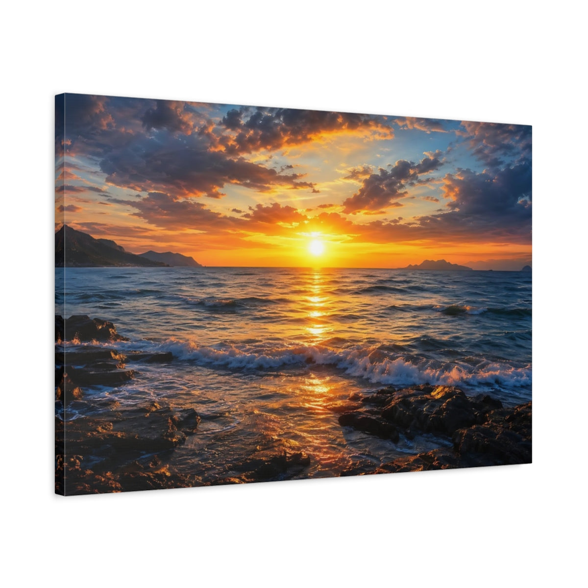 Side Mockup 2. Nature Ocean Sunset Orange And Blue Ocean shown as stretched canvas wall art