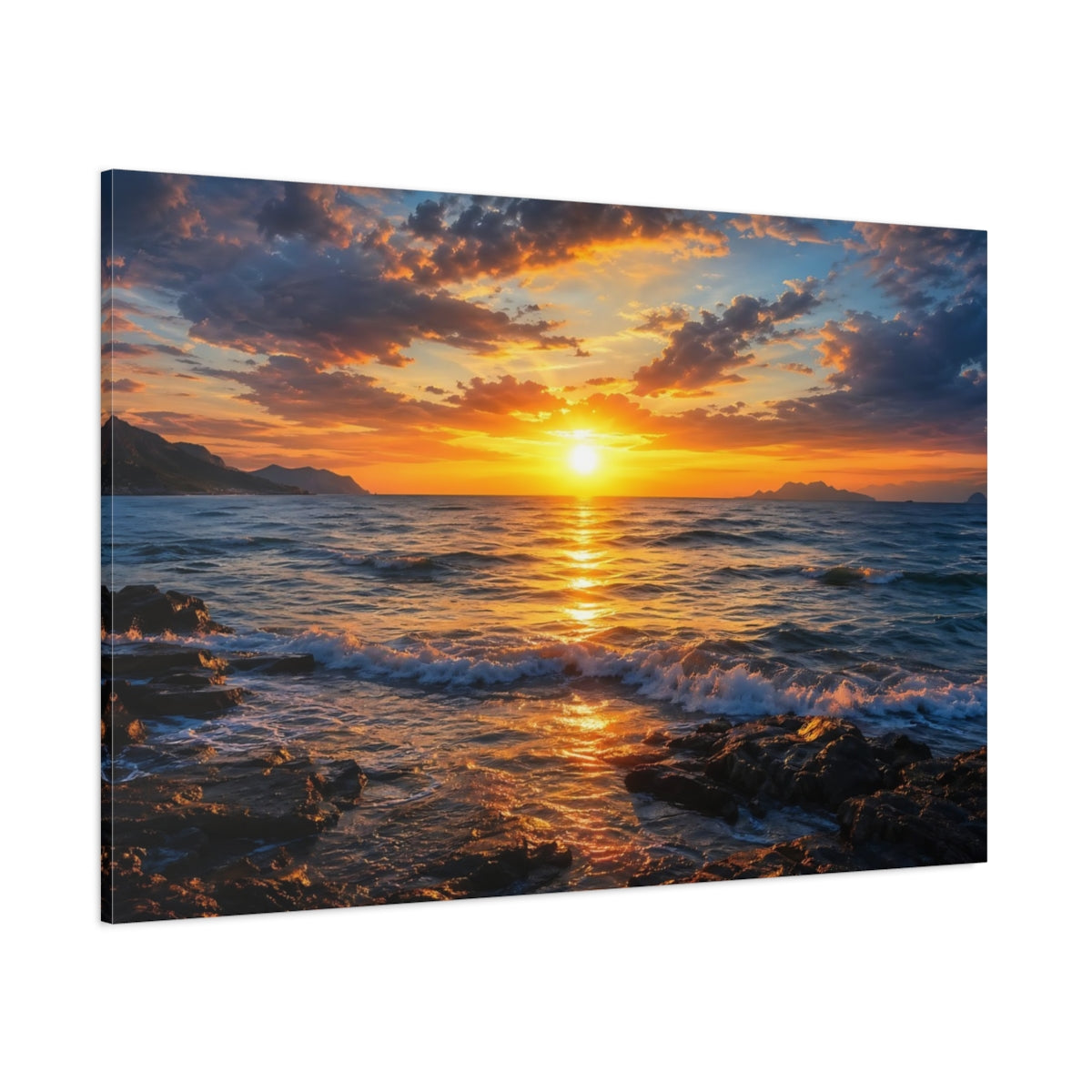 Side Mockup 1. Nature Ocean Sunset Orange And Blue Ocean shown as stretched canvas wall art