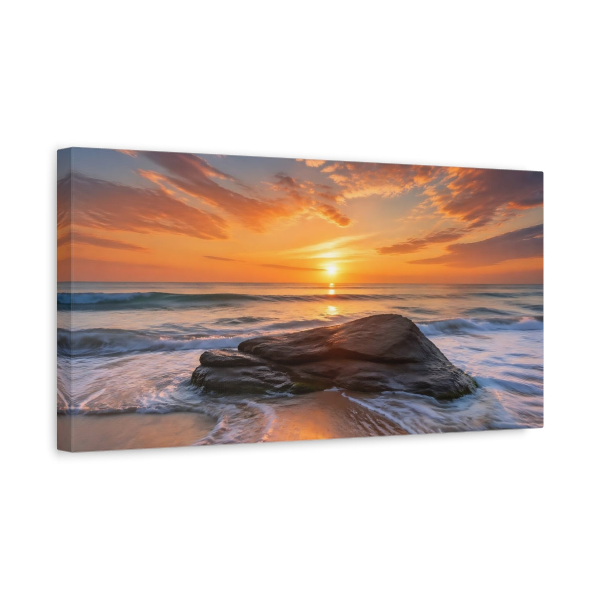 Side Mockup 3. Nature Ocean Sunset Orange And Blue Sunset shown as stretched canvas wall art