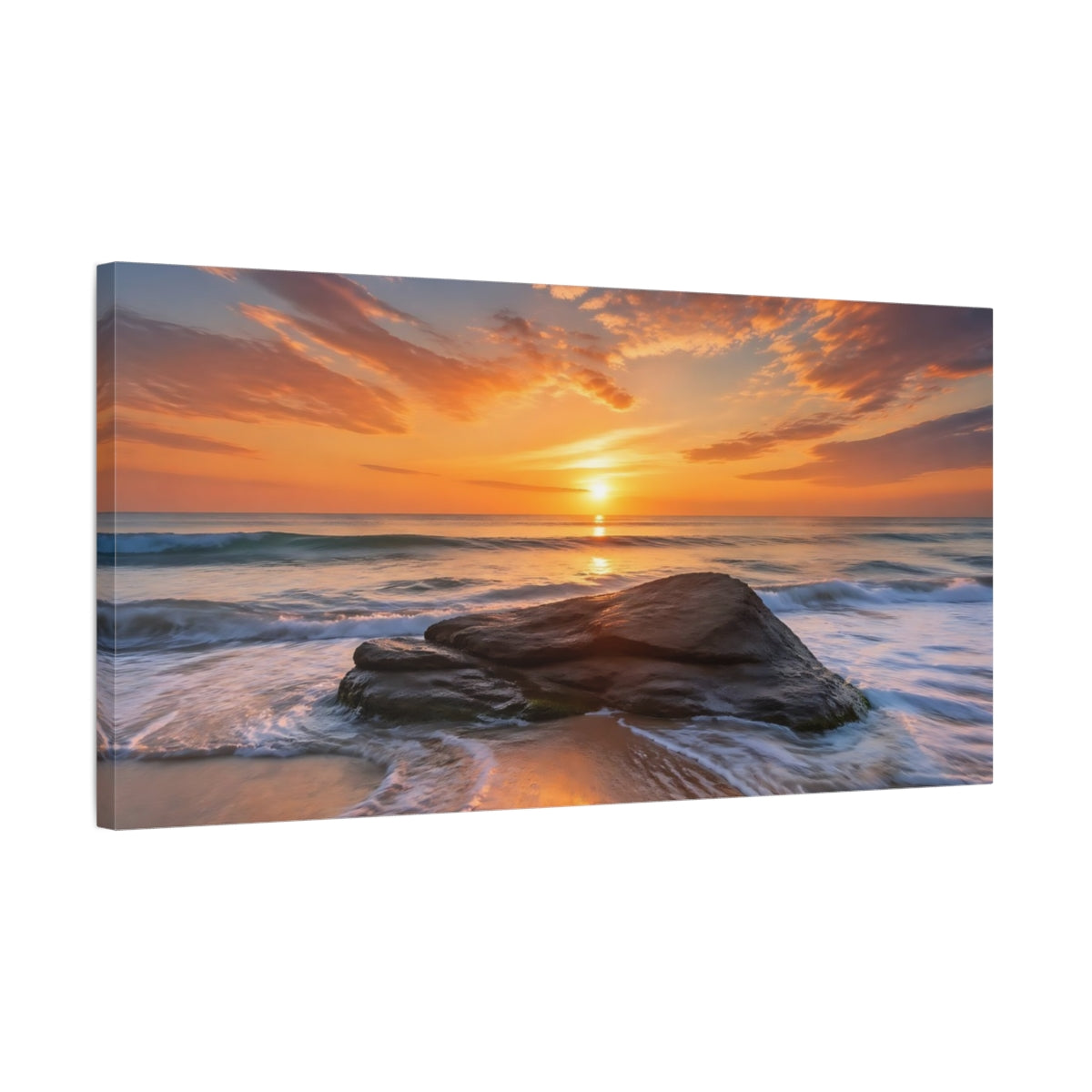 Side Mockup 1. Nature Ocean Sunset Orange And Blue Sunset shown as stretched canvas wall art