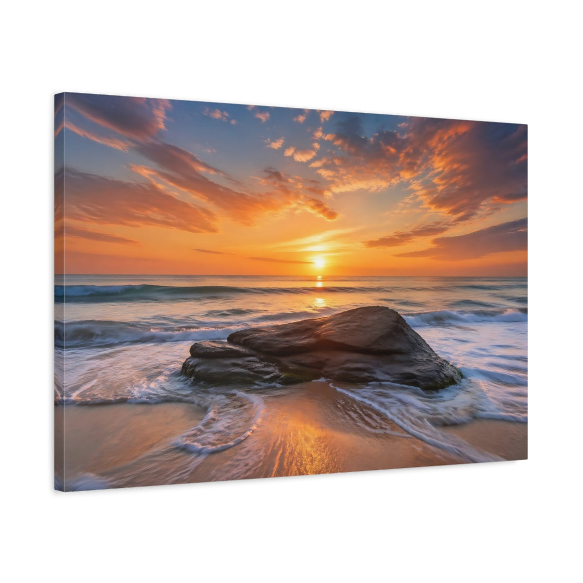Side Mockup 2. Nature Ocean Sunset Orange And Blue shown as stretched canvas wall art