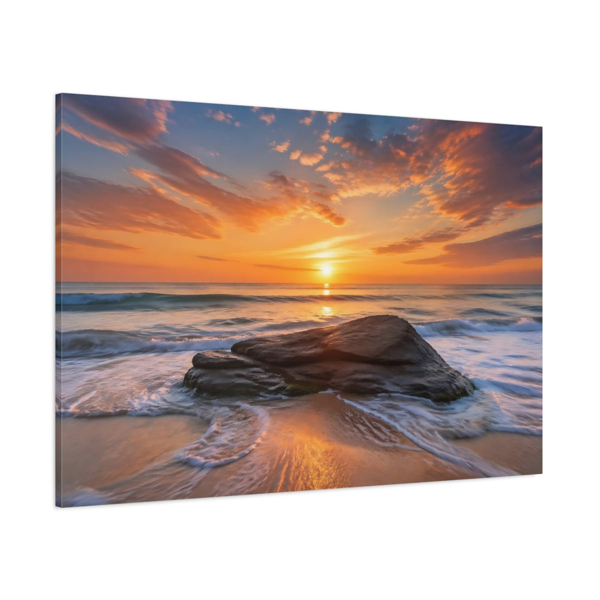 Side Mockup 1. Nature Ocean Sunset Orange And Blue shown as stretched canvas wall art