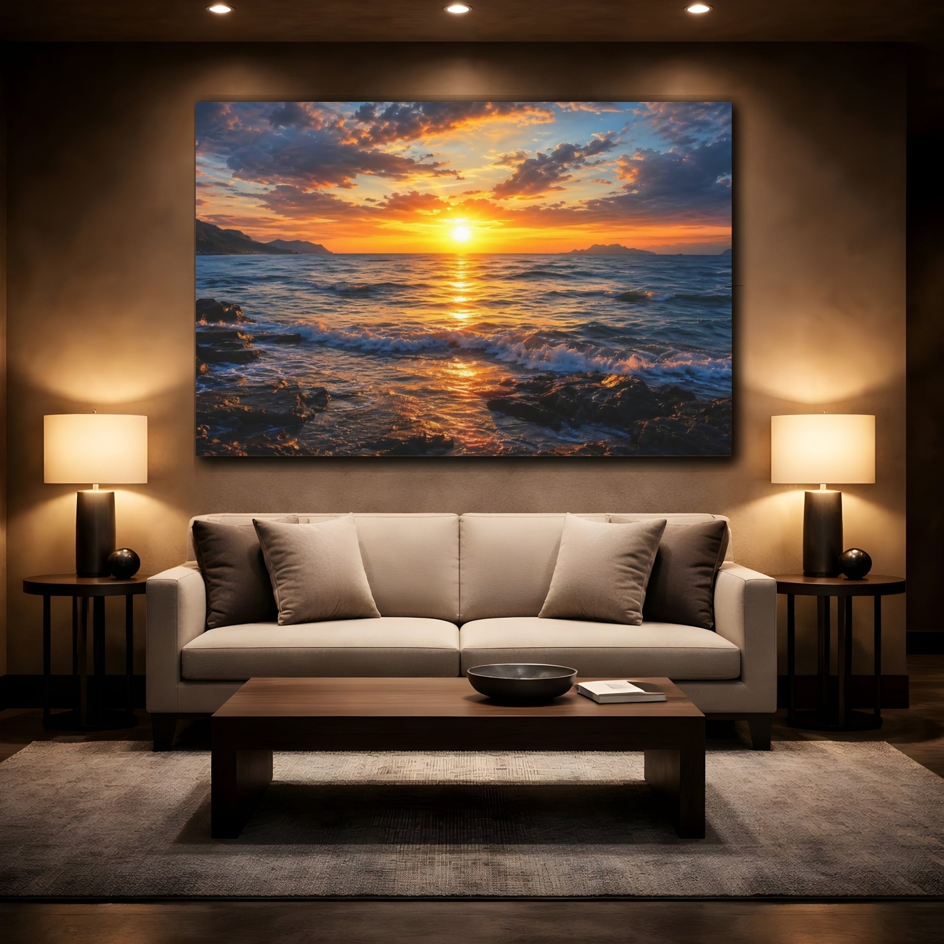 Mockup 2. Nature Ocean Sunset Orange And Blue Ocean shown as stretched canvas wall art