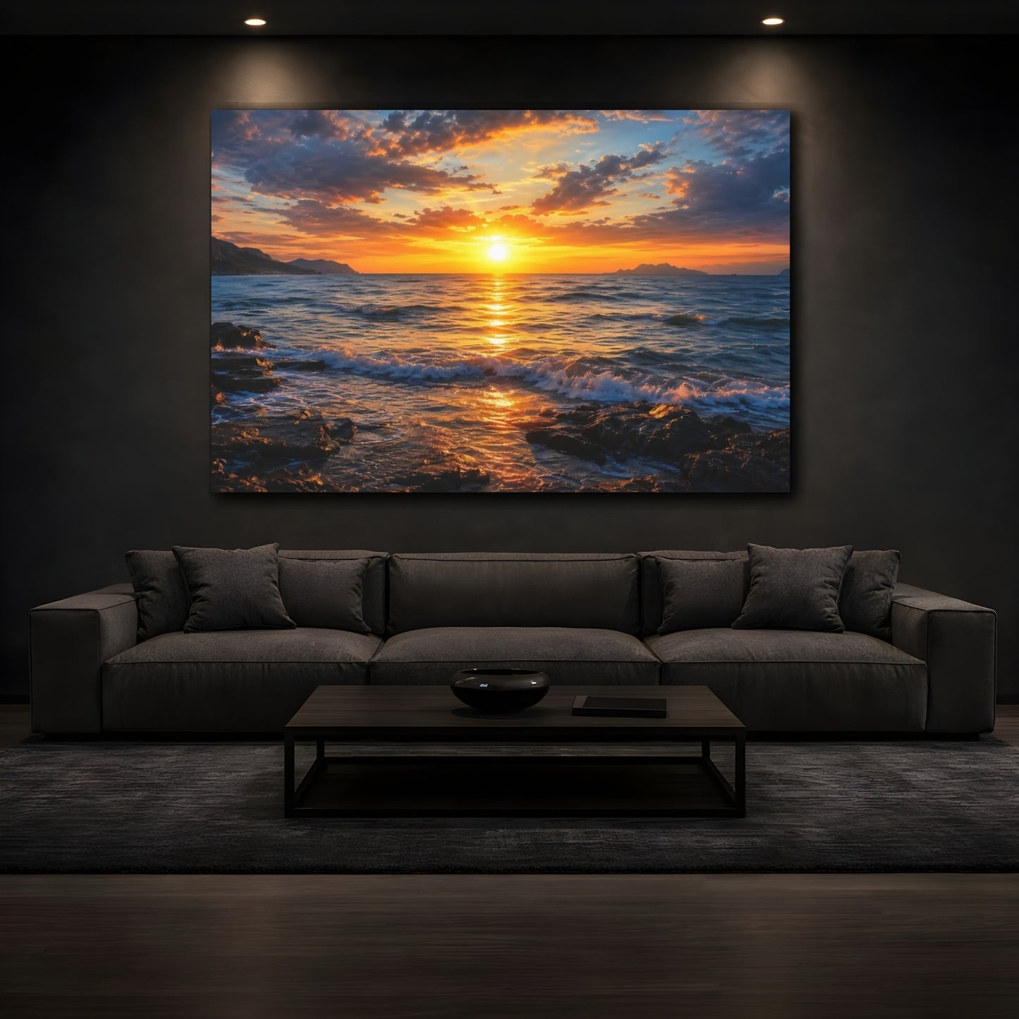 Mockup 3. Nature Ocean Sunset Orange And Blue Ocean shown as stretched canvas wall art