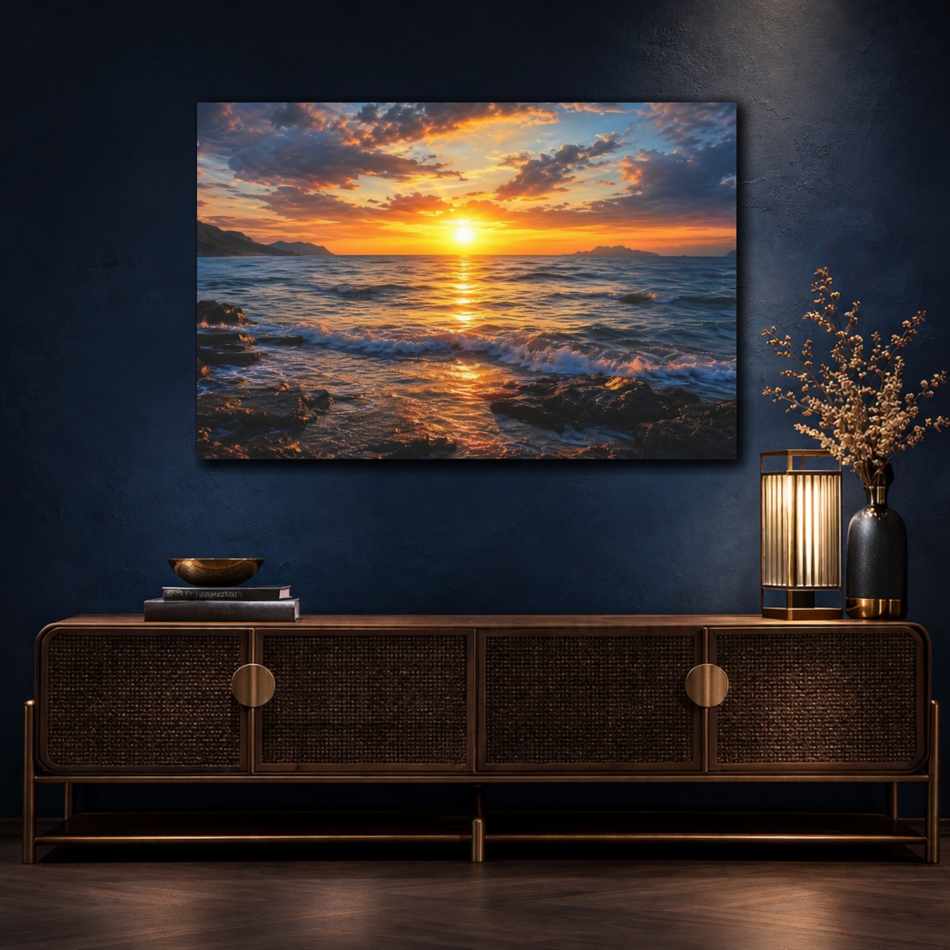 Mockup 4. Nature Ocean Sunset Orange And Blue Ocean shown as stretched canvas wall art