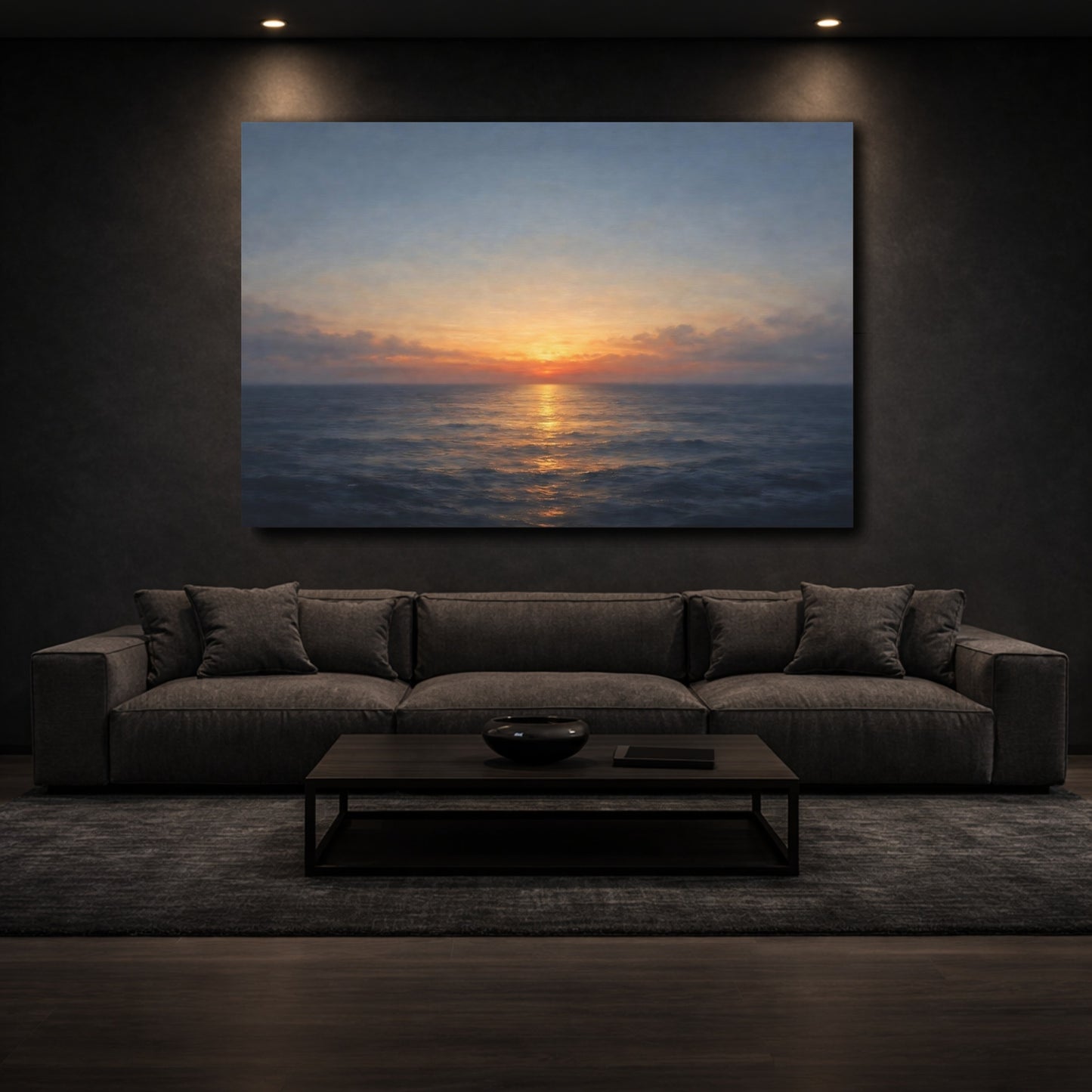 Mockup 2. Nature Ocean Sunset Orange And Blue shown as stretched canvas wall art
