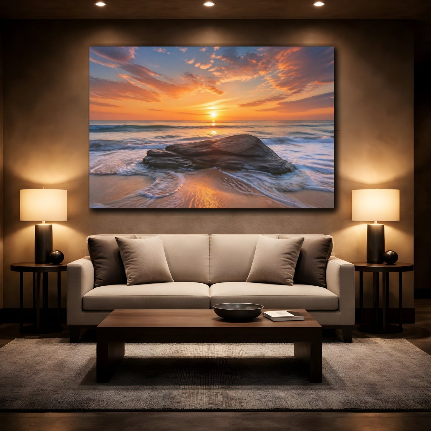 Mockup 2. Nature Ocean Sunset Orange And Blue shown as stretched canvas wall art