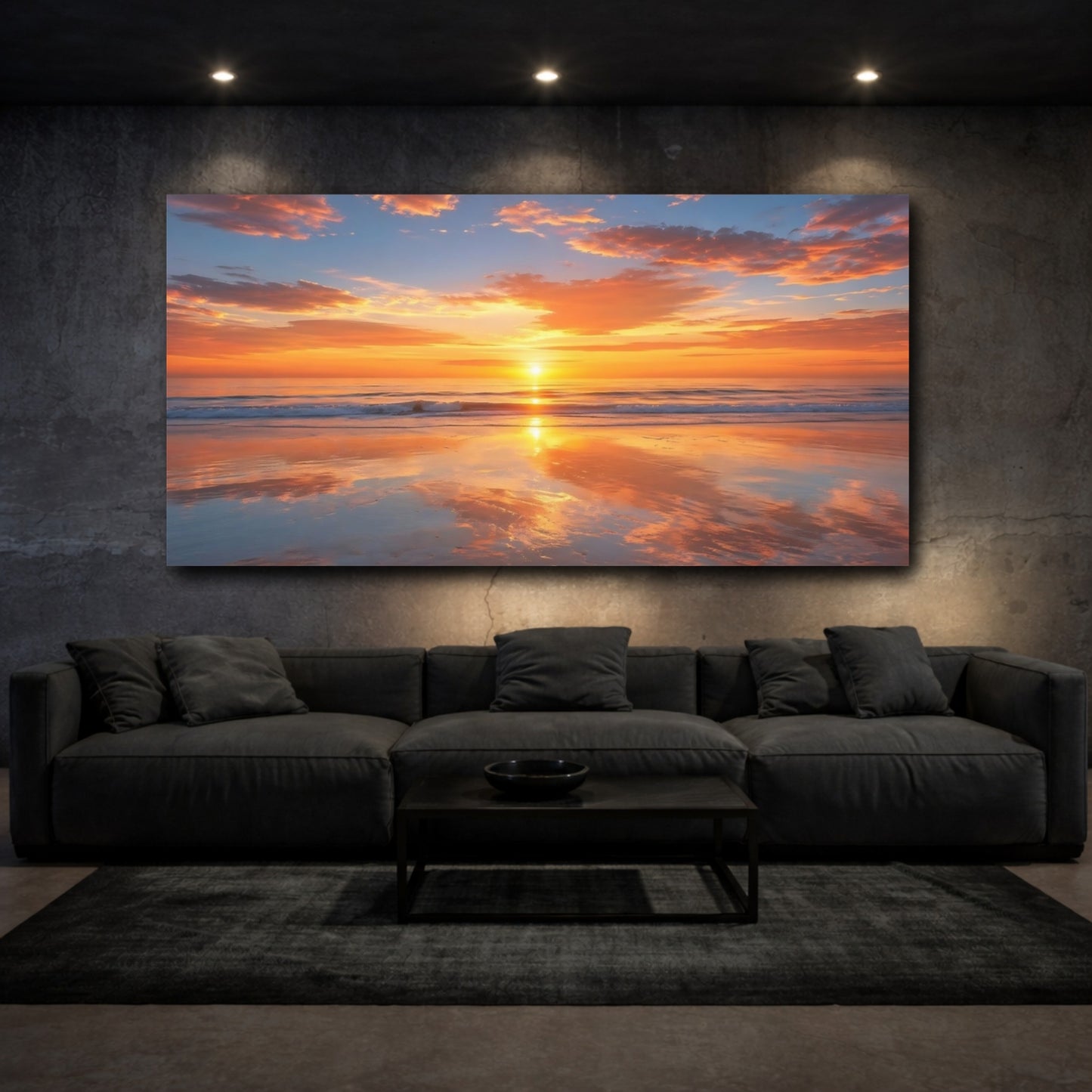 Mockup 2. Nature Ocean Sunset Orange And Blue shown as stretched canvas wall art