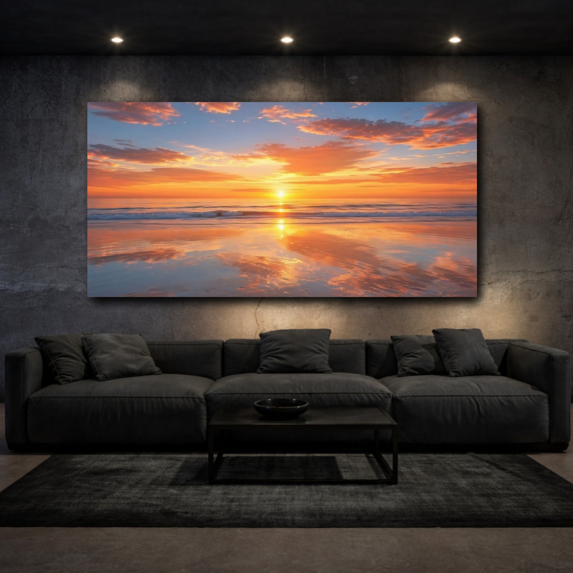 Mockup 2. Nature Ocean Sunset Orange And Blue shown as stretched canvas wall art