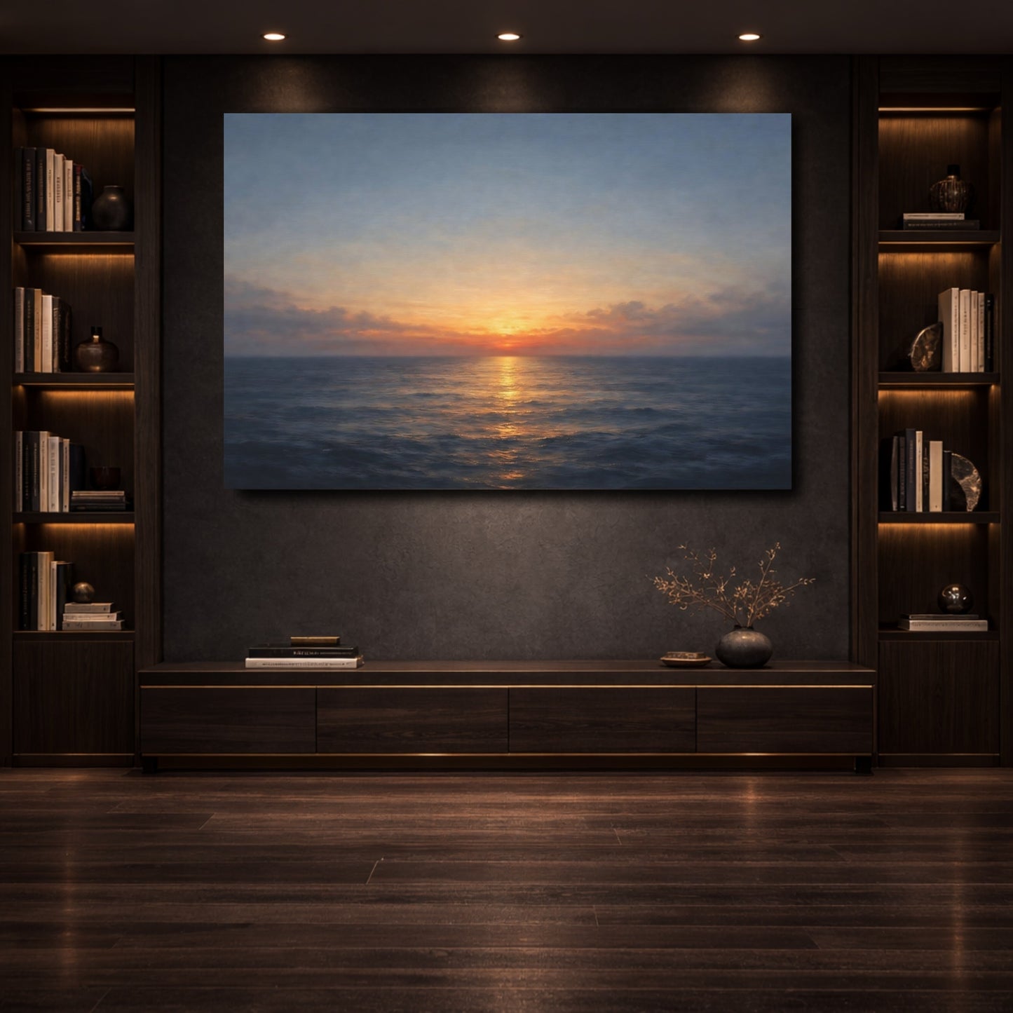 Mockup 3. Nature Ocean Sunset Orange And Blue shown as stretched canvas wall art