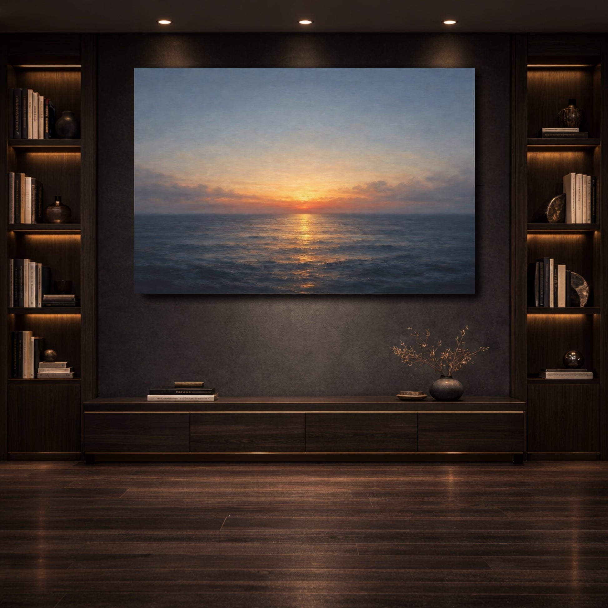 Mockup 3. Nature Ocean Sunset Orange And Blue shown as stretched canvas wall art