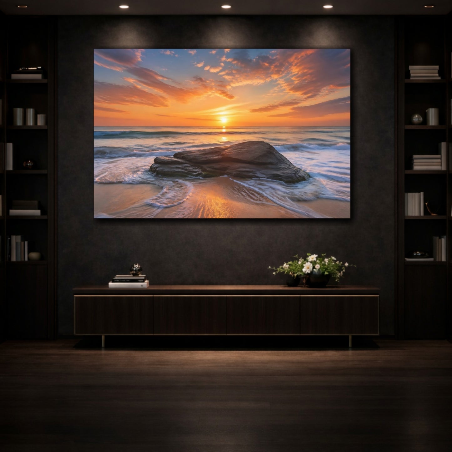 Mockup 3. Nature Ocean Sunset Orange And Blue shown as stretched canvas wall art