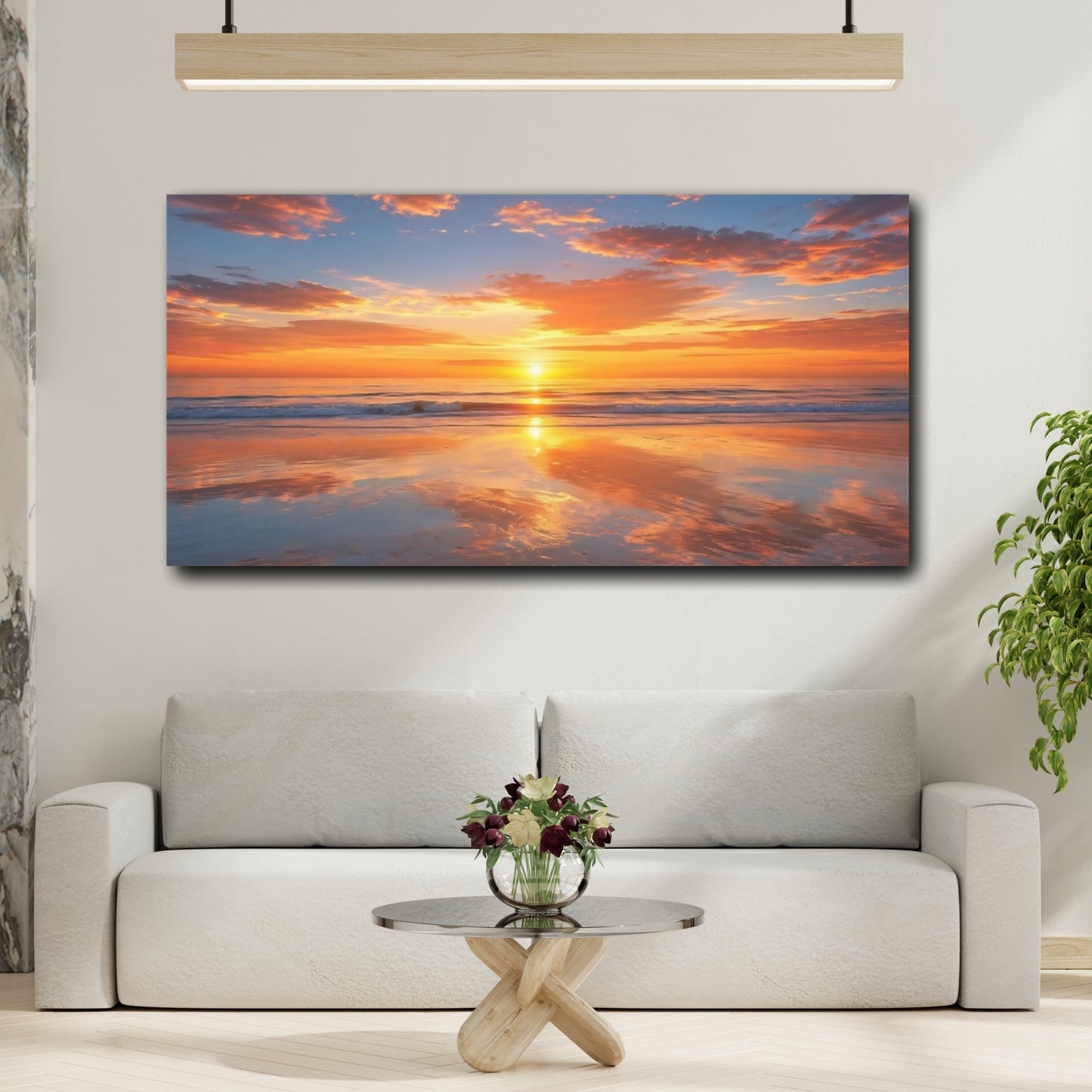 Mockup 3. Nature Ocean Sunset Orange And Blue shown as stretched canvas wall art