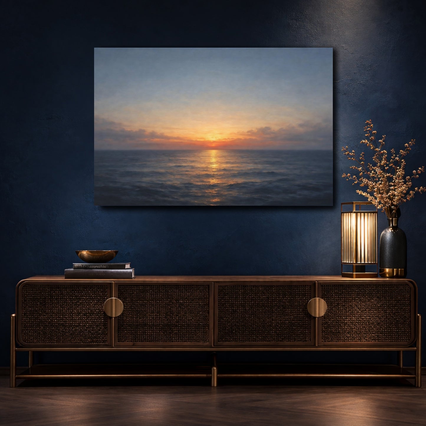 Mockup 4. Nature Ocean Sunset Orange And Blue shown as stretched canvas wall art