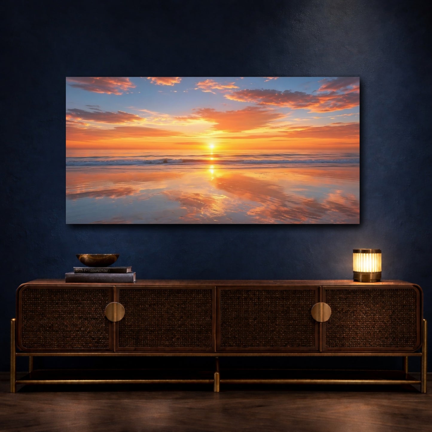 Mockup 4. Nature Ocean Sunset Orange And Blue shown as stretched canvas wall art