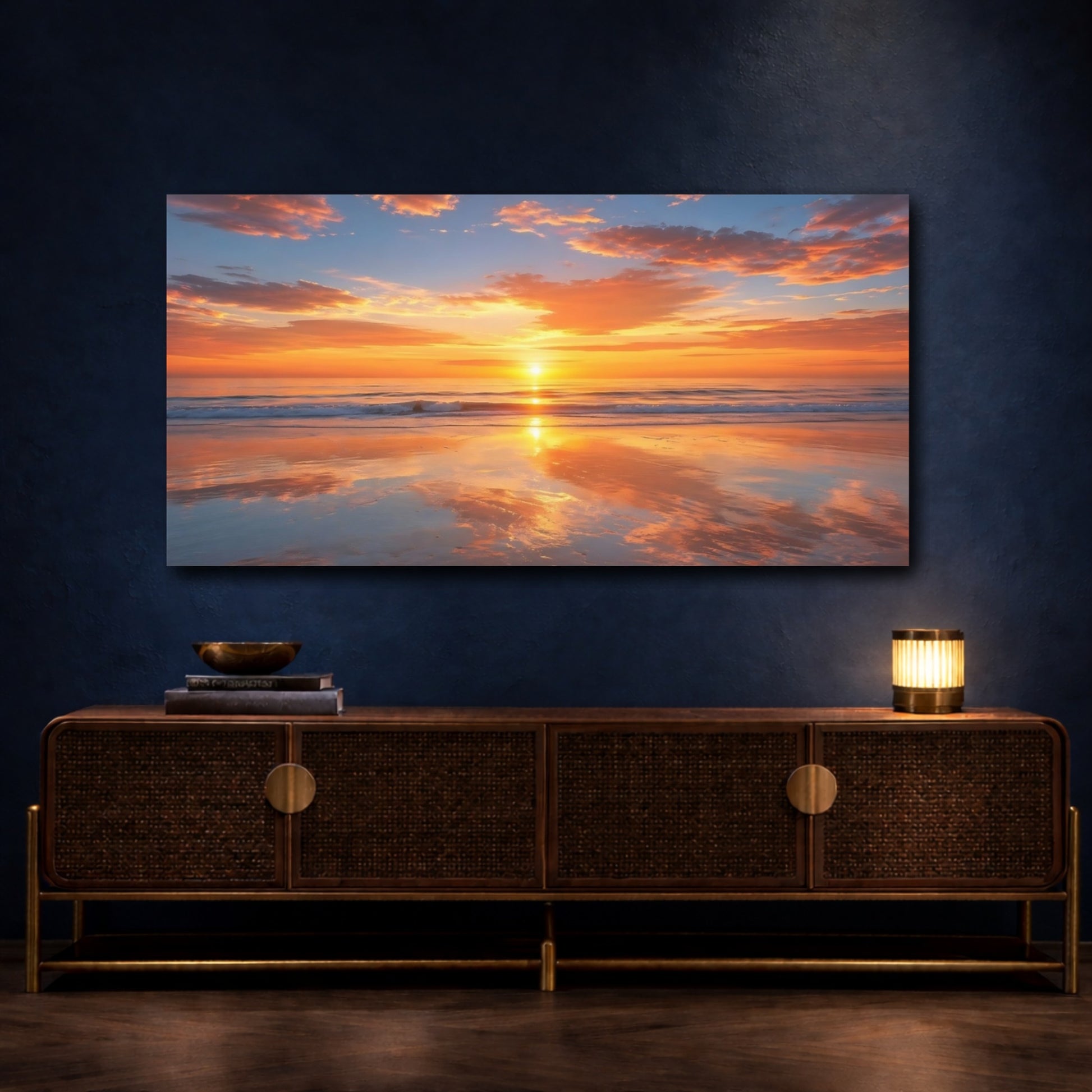 Mockup 4. Nature Ocean Sunset Orange And Blue shown as stretched canvas wall art