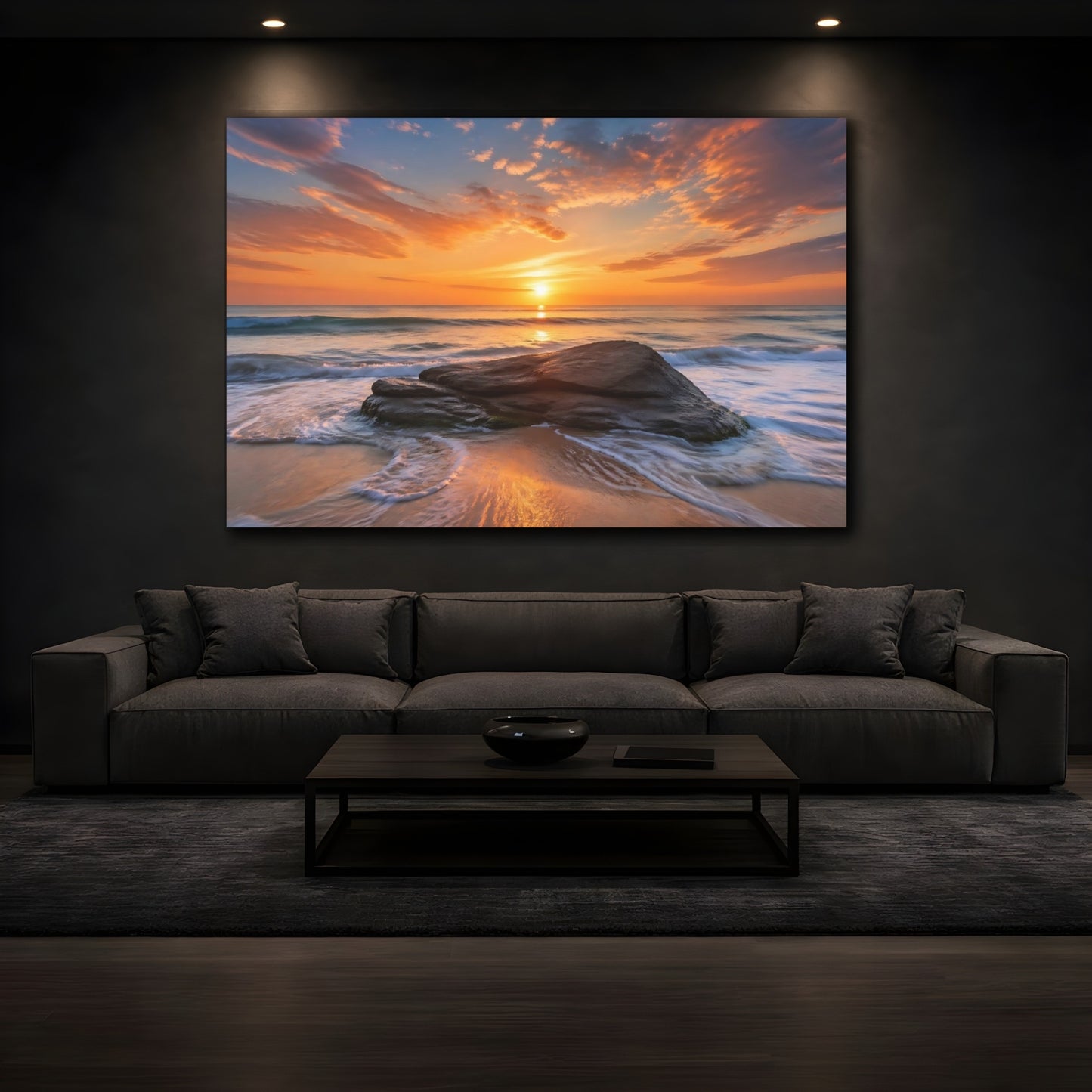 Mockup 4. Nature Ocean Sunset Orange And Blue shown as stretched canvas wall art