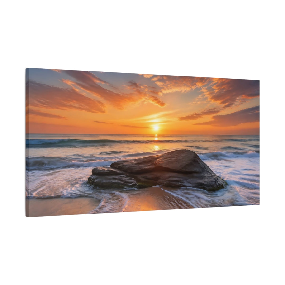 Main Mockup. Nature Ocean Sunset Orange And Blue Sunset shown as stretched canvas wall art