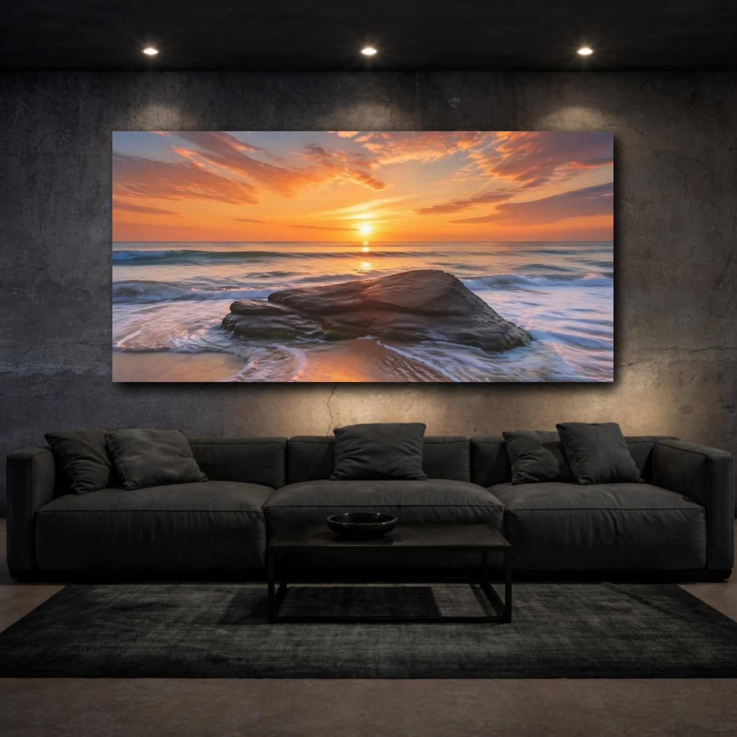 Mockup 2. Nature Ocean Sunset Orange And Blue Sunset shown as stretched canvas wall art