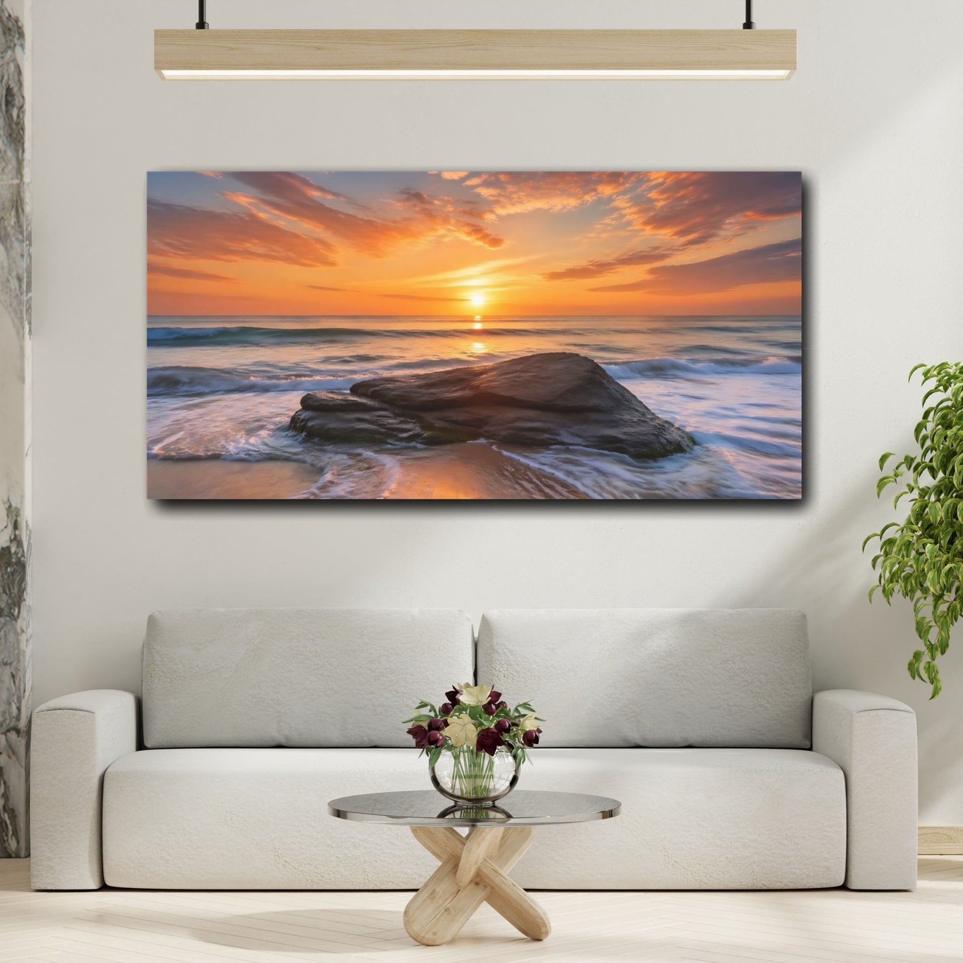 Mockup 3. Nature Ocean Sunset Orange And Blue Sunset shown as stretched canvas wall art