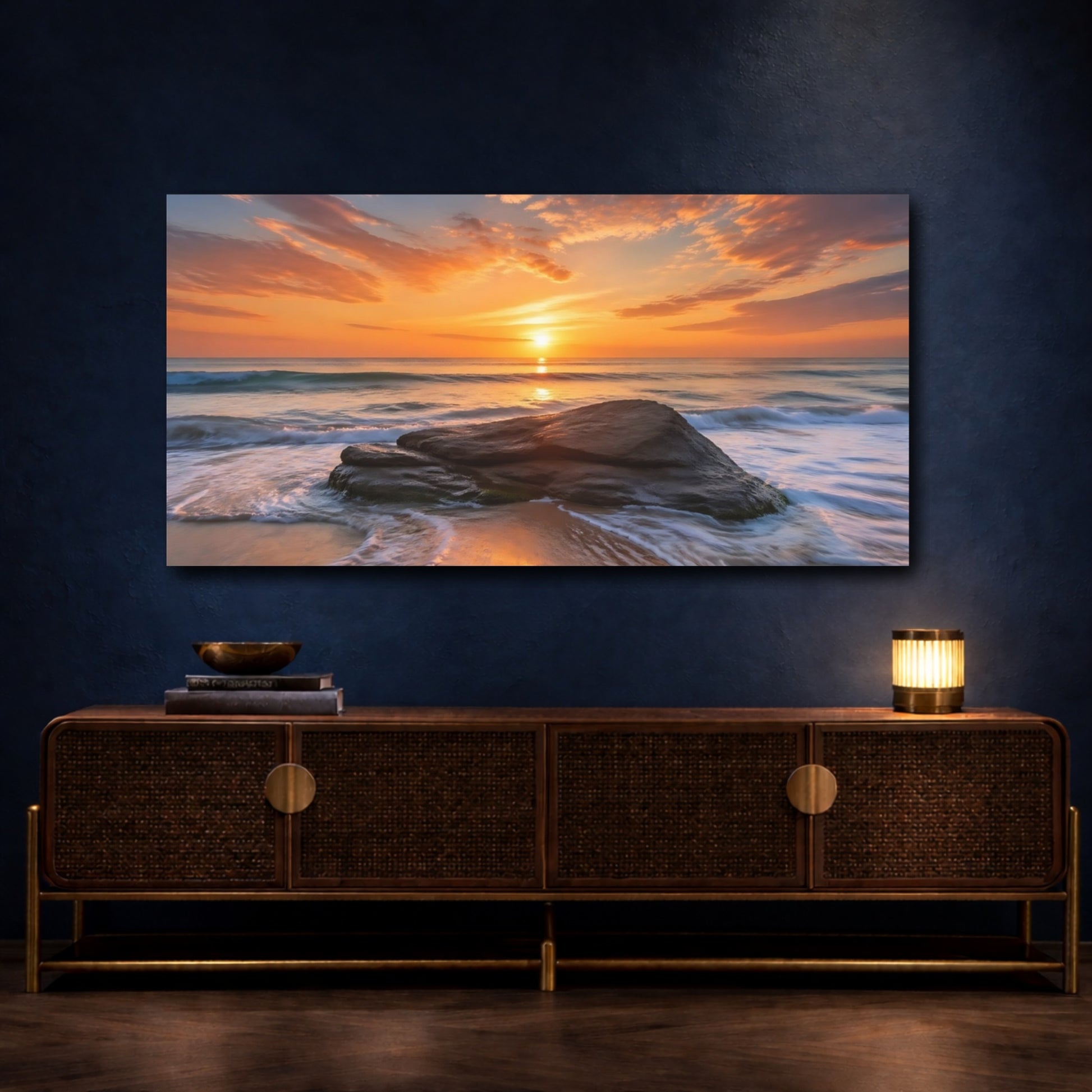 Mockup 4. Nature Ocean Sunset Orange And Blue Sunset shown as stretched canvas wall art