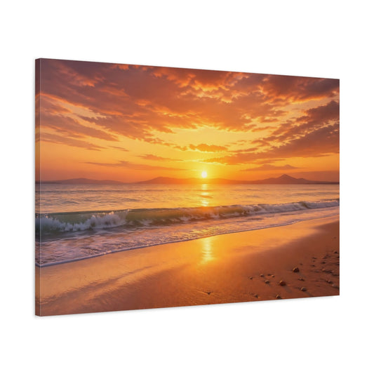 Main Mockup. Nature Ocean Sunset Orange And Gold shown as stretched canvas wall art