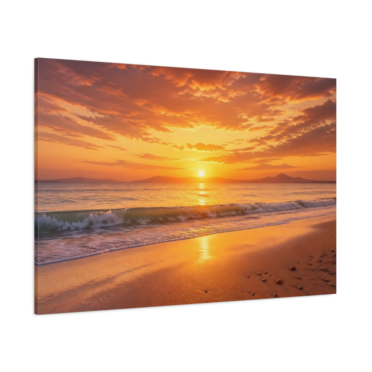 Side Mockup 1. Nature Ocean Sunset Orange And Gold shown as stretched canvas wall art