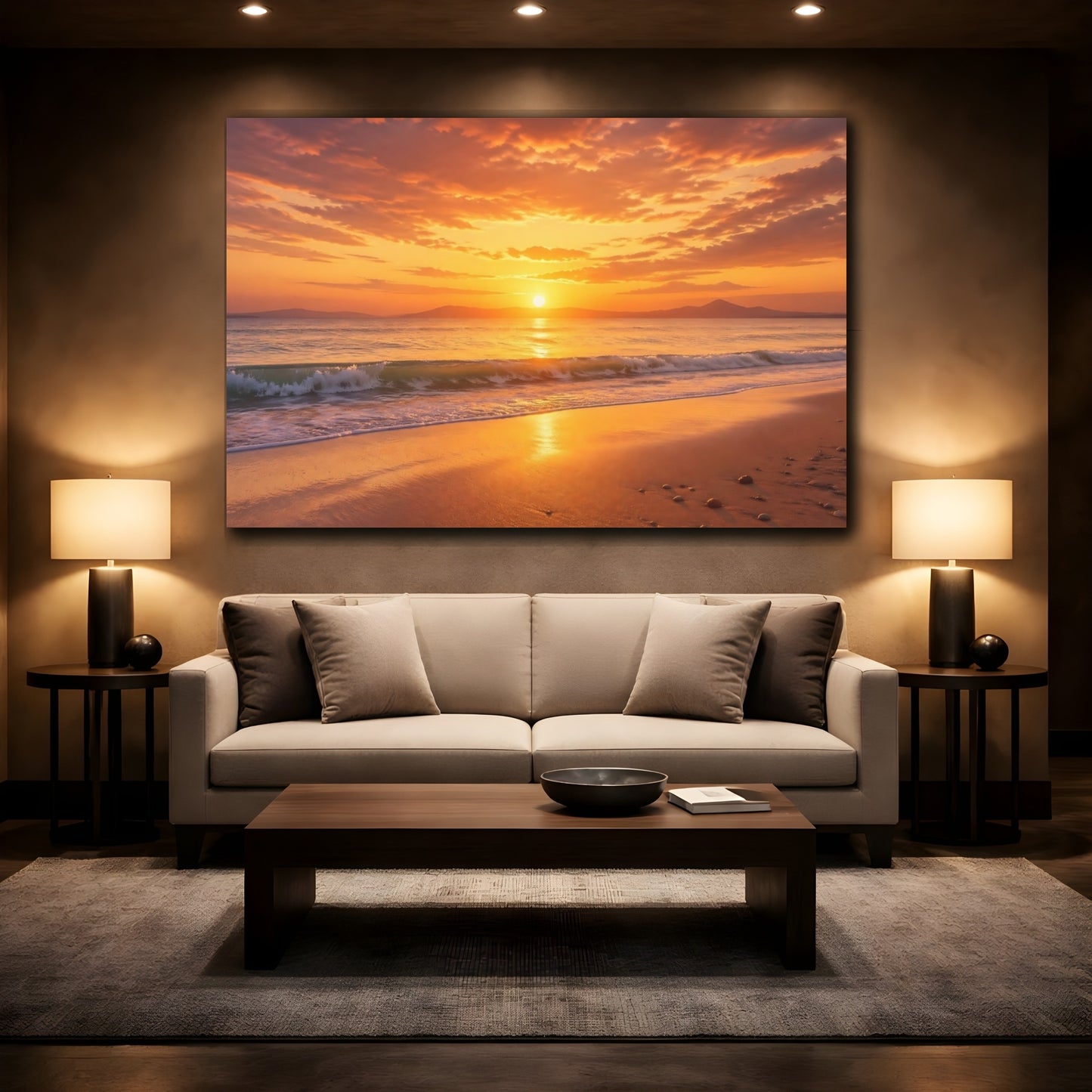 Mockup 2. Nature Ocean Sunset Orange And Gold shown as stretched canvas wall art