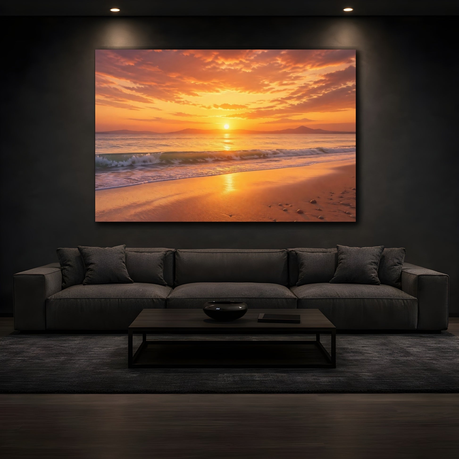 Mockup 3. Nature Ocean Sunset Orange And Gold shown as stretched canvas wall art