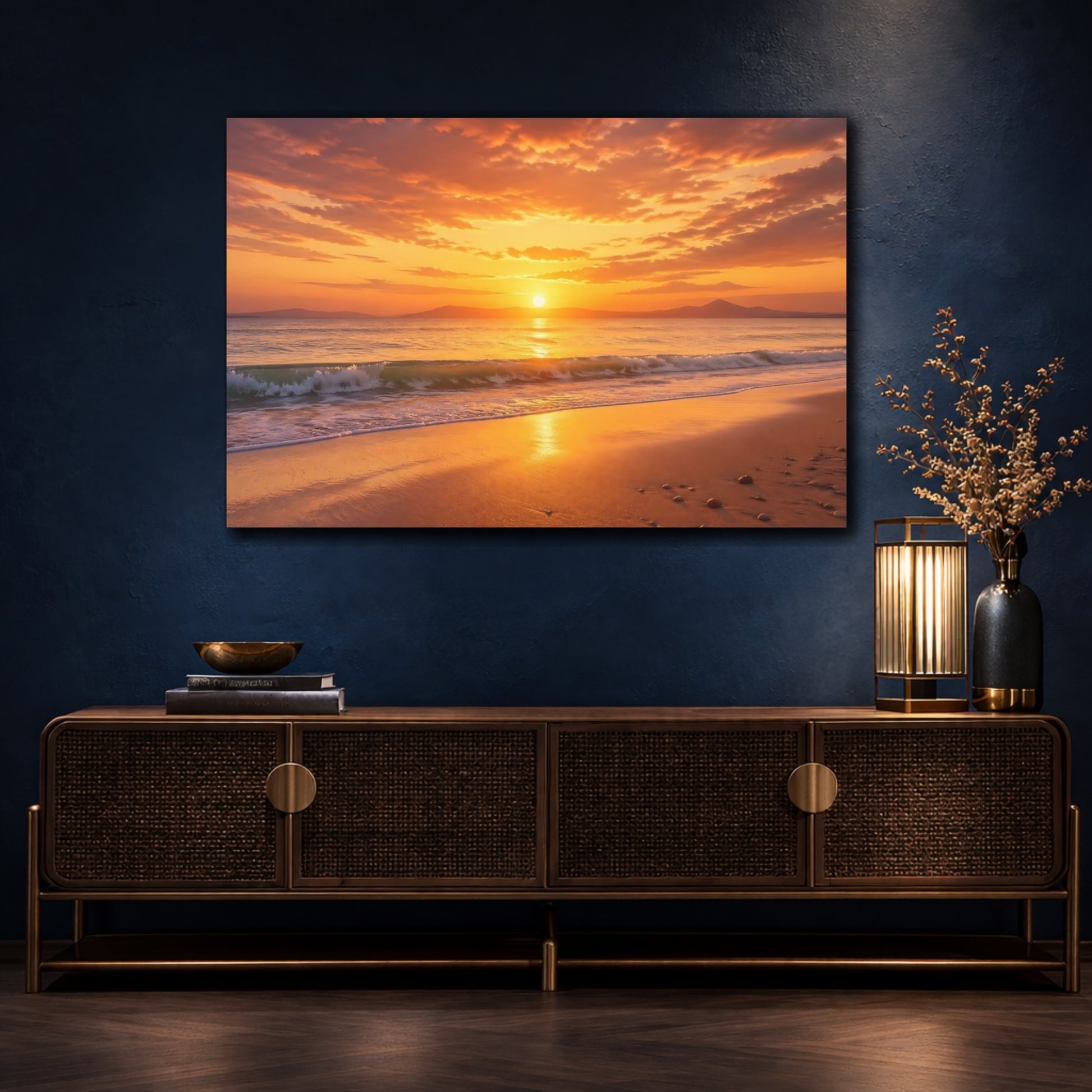 Mockup 4. Nature Ocean Sunset Orange And Gold shown as stretched canvas wall art