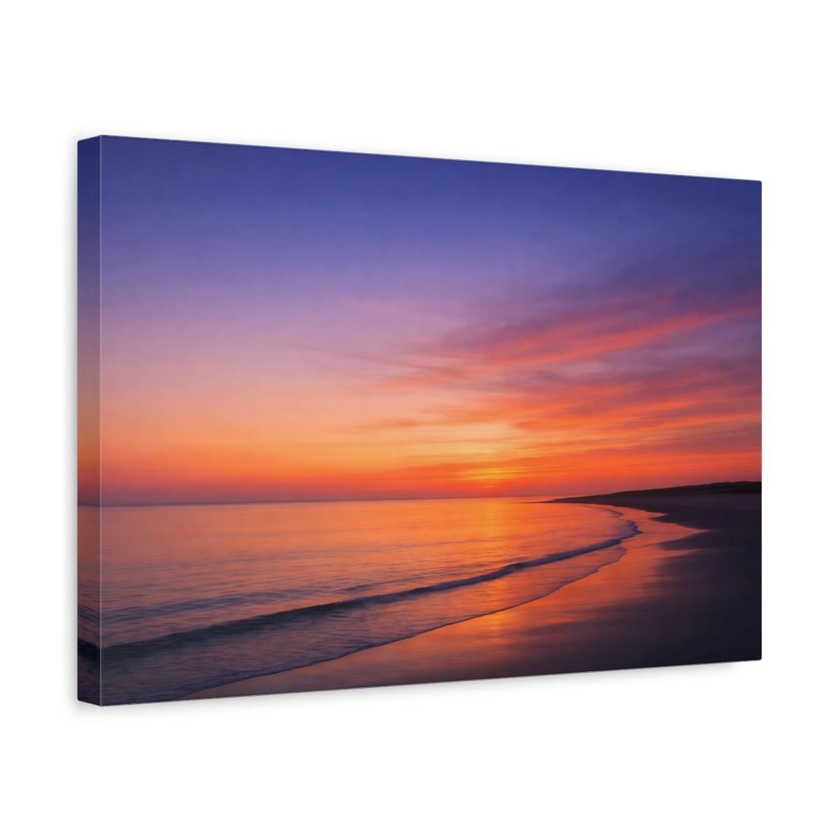Side Mockup 4. Nature Ocean Sunset Orange And Purple Sunset shown as stretched canvas wall art