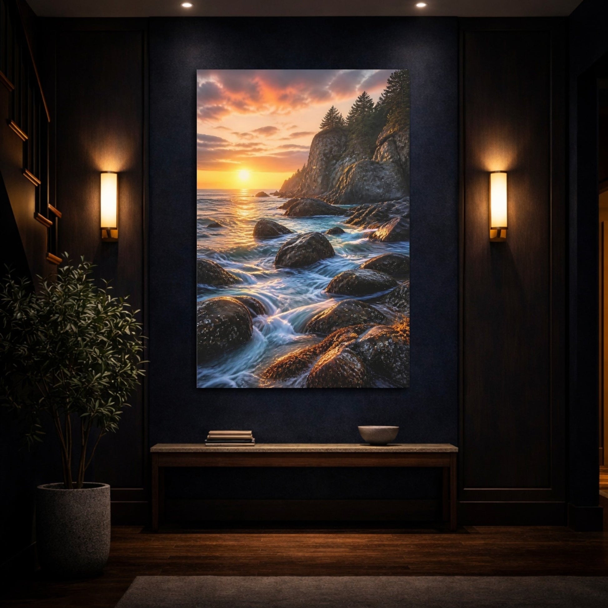 Nature Ocean Sunset Orange Blue Canvas Print – Living Room, Above Console Table - YesArtYes
