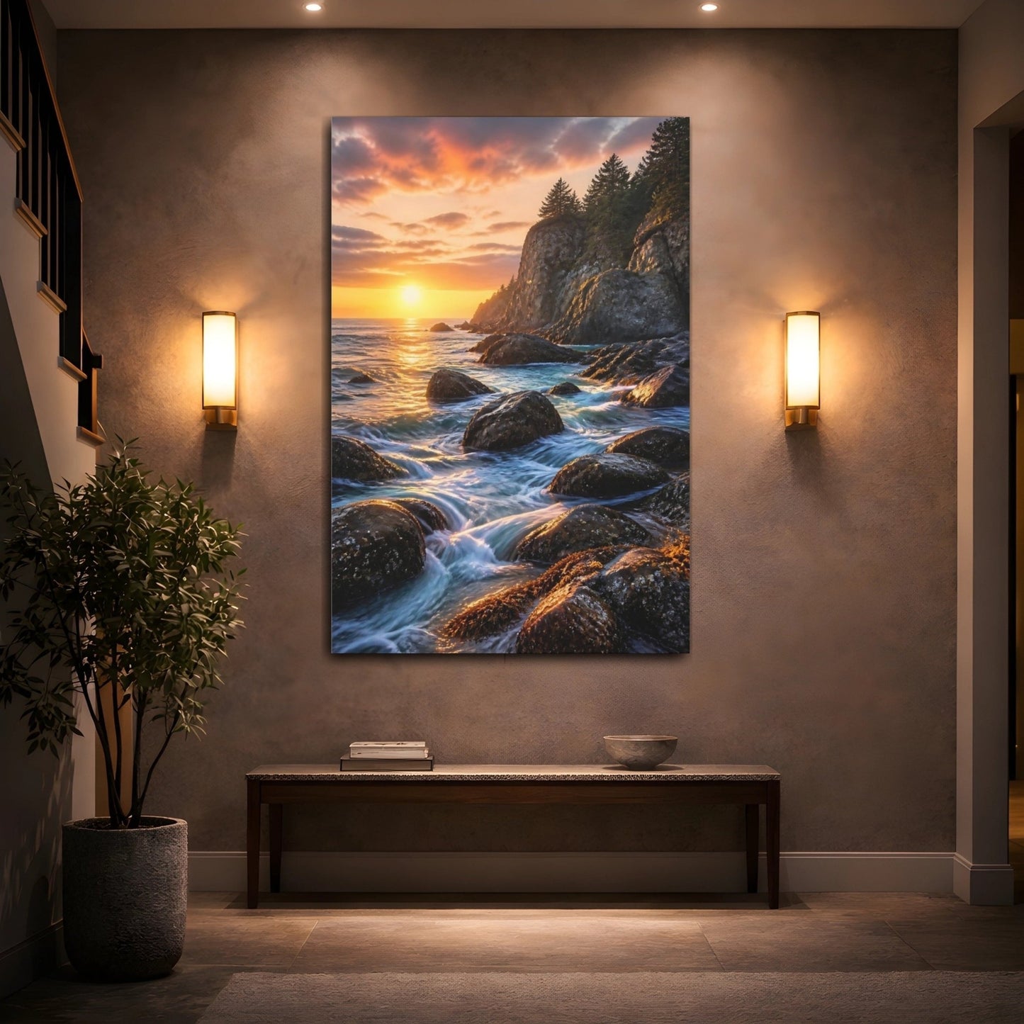 Nature Ocean Sunset Orange Blue Canvas Print – Living Room, Above Console Table - YesArtYes
