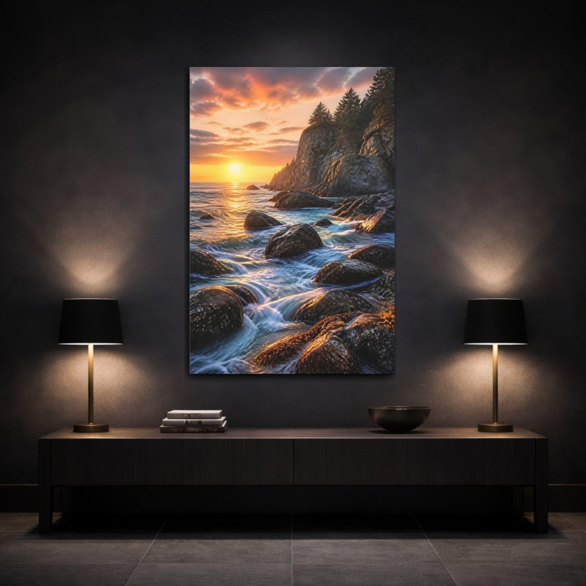 Nature Ocean Sunset Orange Blue Canvas Print – Living Room, Above Console Table - YesArtYes