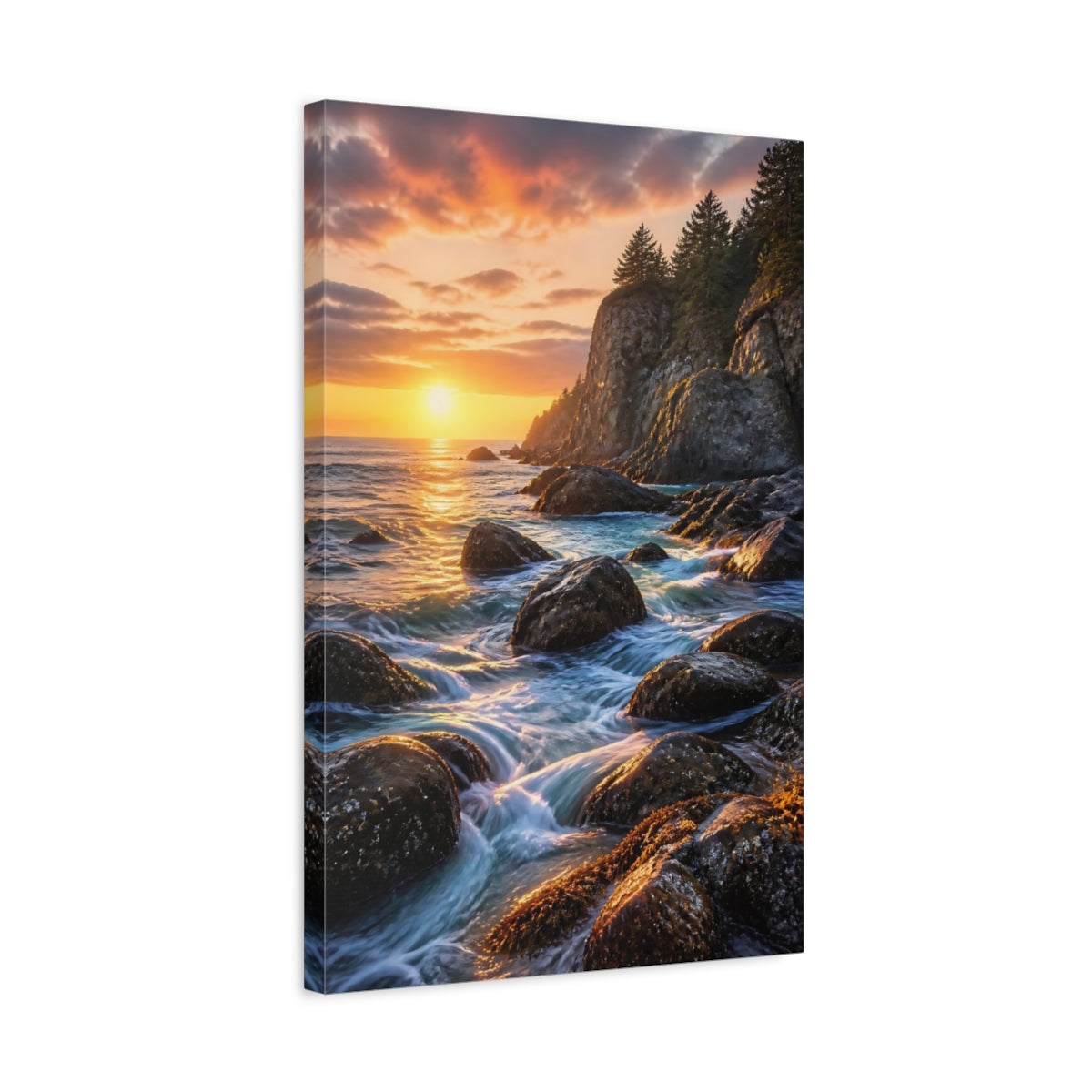 Side Mockup 3. Nature Ocean Sunset Orange Blue Ocean shown as stretched canvas wall art