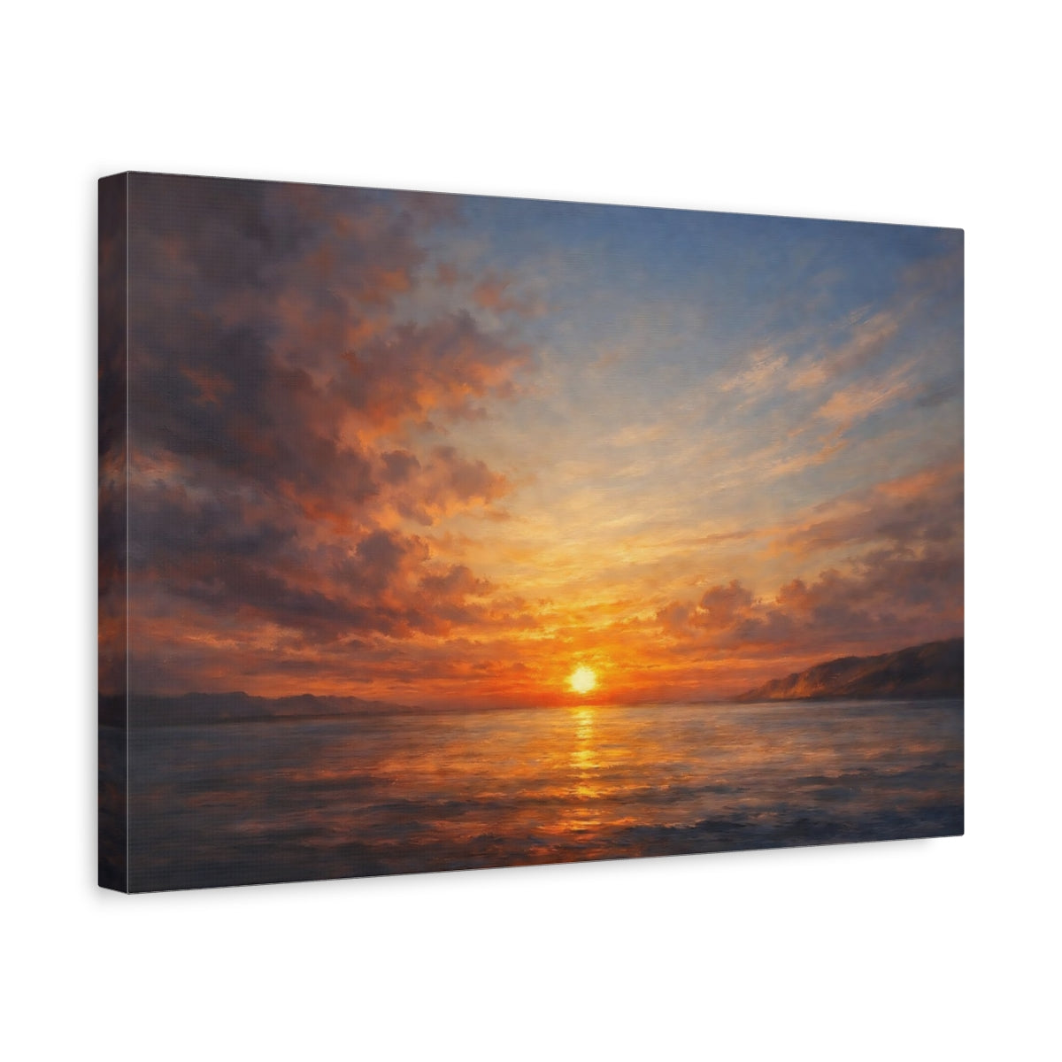 Side Mockup 4. Nature Ocean Sunset Orange Blue Sunset shown as stretched canvas wall art