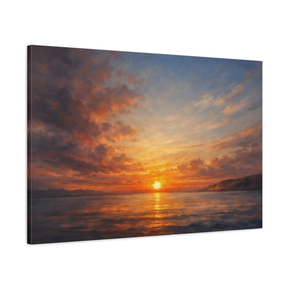 Side Mockup 1. Nature Ocean Sunset Orange Blue Sunset shown as stretched canvas wall art