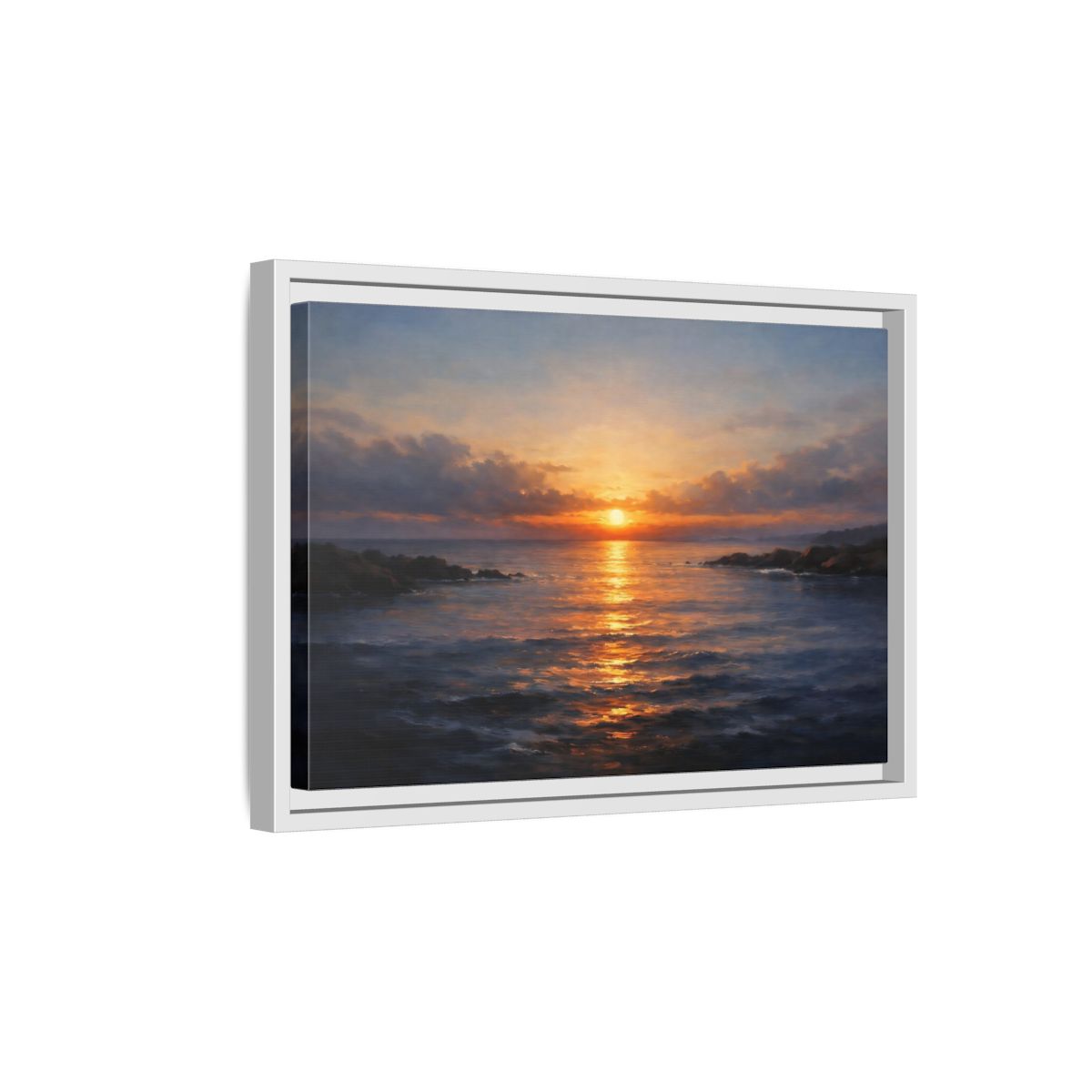 Side Mockup 4. Nature Ocean Sunset Orange Blue Sunset shown as stretched canvas wall art