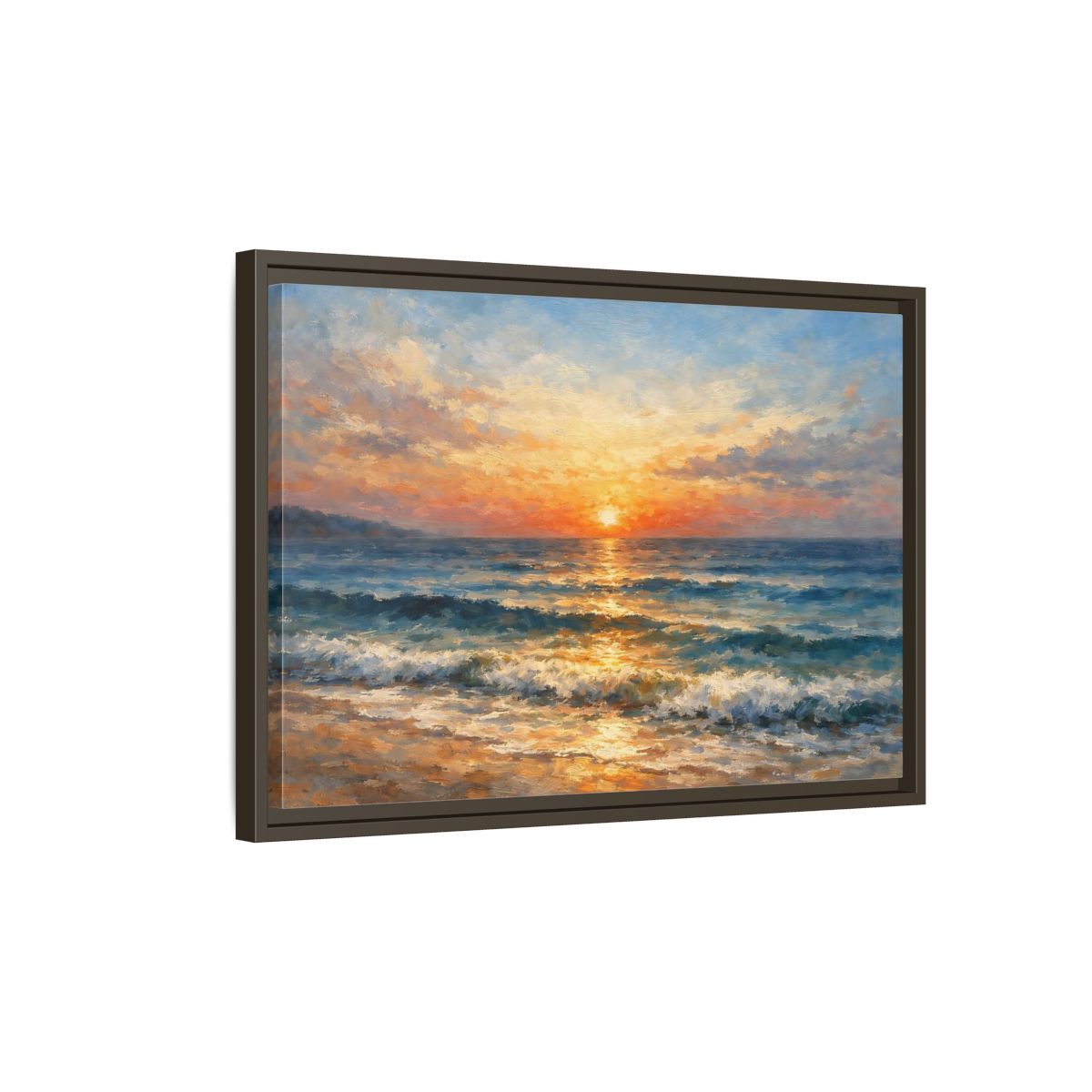 Side Mockup 2. Nature Ocean Sunset Orange Blue Ocean shown as stretched canvas wall art