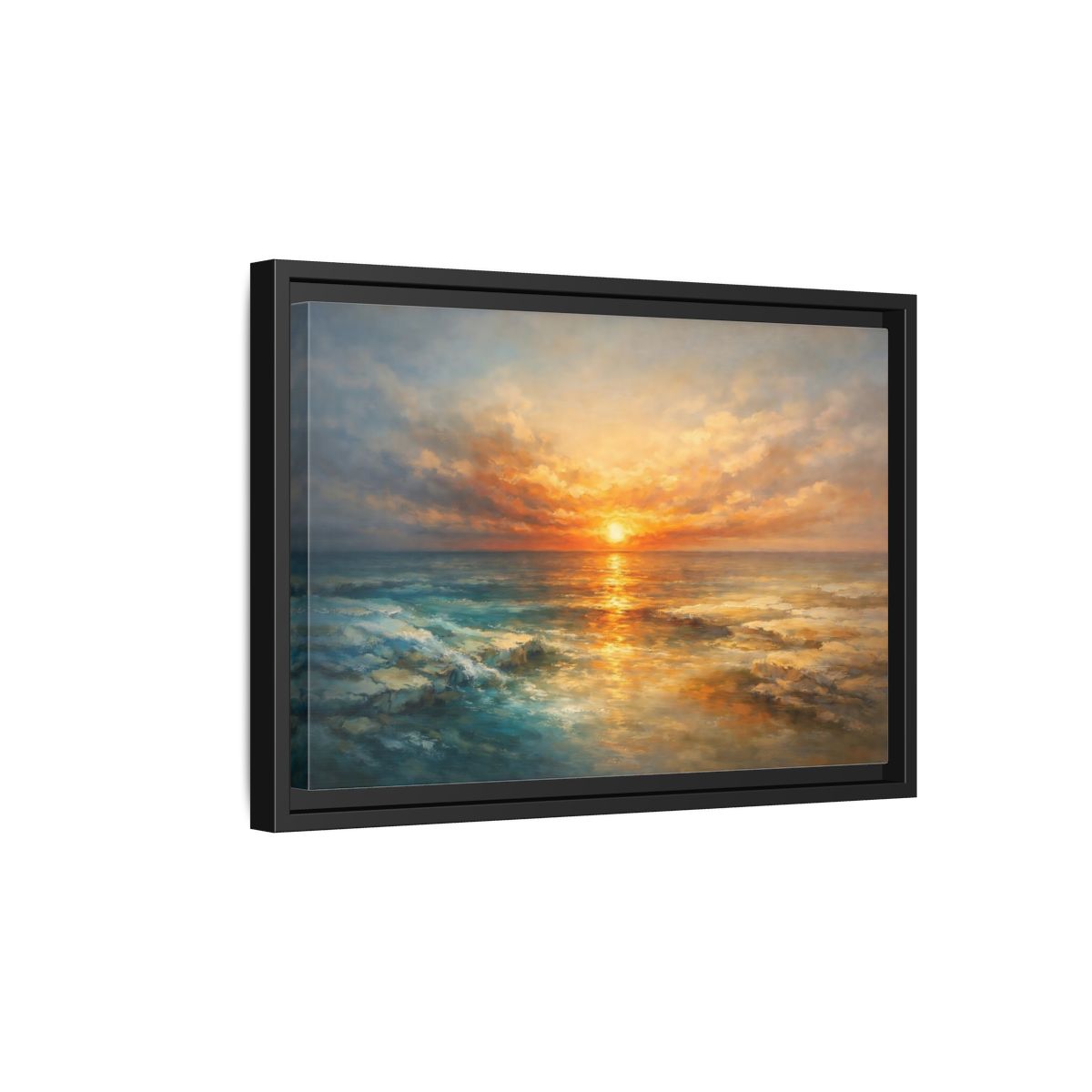 Side Mockup 6. Nature Ocean Sunset Orange Blue Sunset shown as stretched canvas wall art