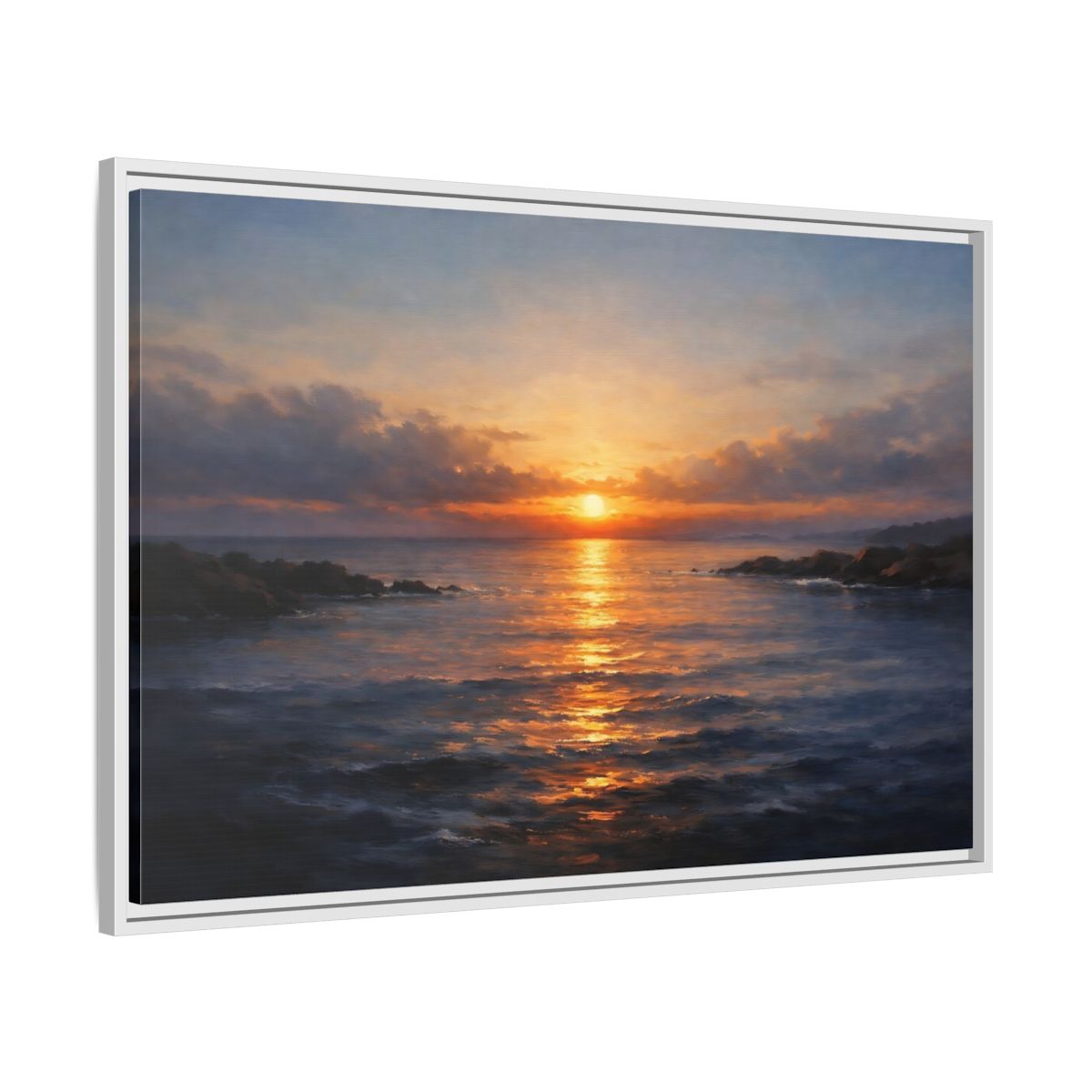Side Mockup 8. Nature Ocean Sunset Orange Blue Sunset shown as stretched canvas wall art