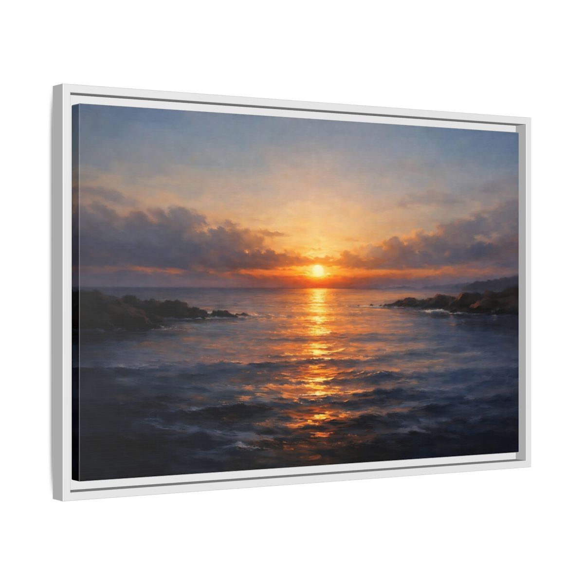 Side Mockup 10. Nature Ocean Sunset Orange Blue Sunset shown as stretched canvas wall art