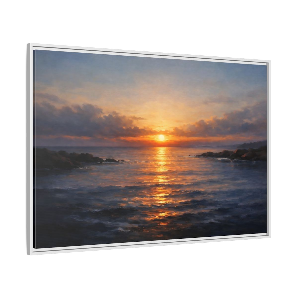 Side Mockup 7. Nature Ocean Sunset Orange Blue Sunset shown as stretched canvas wall art