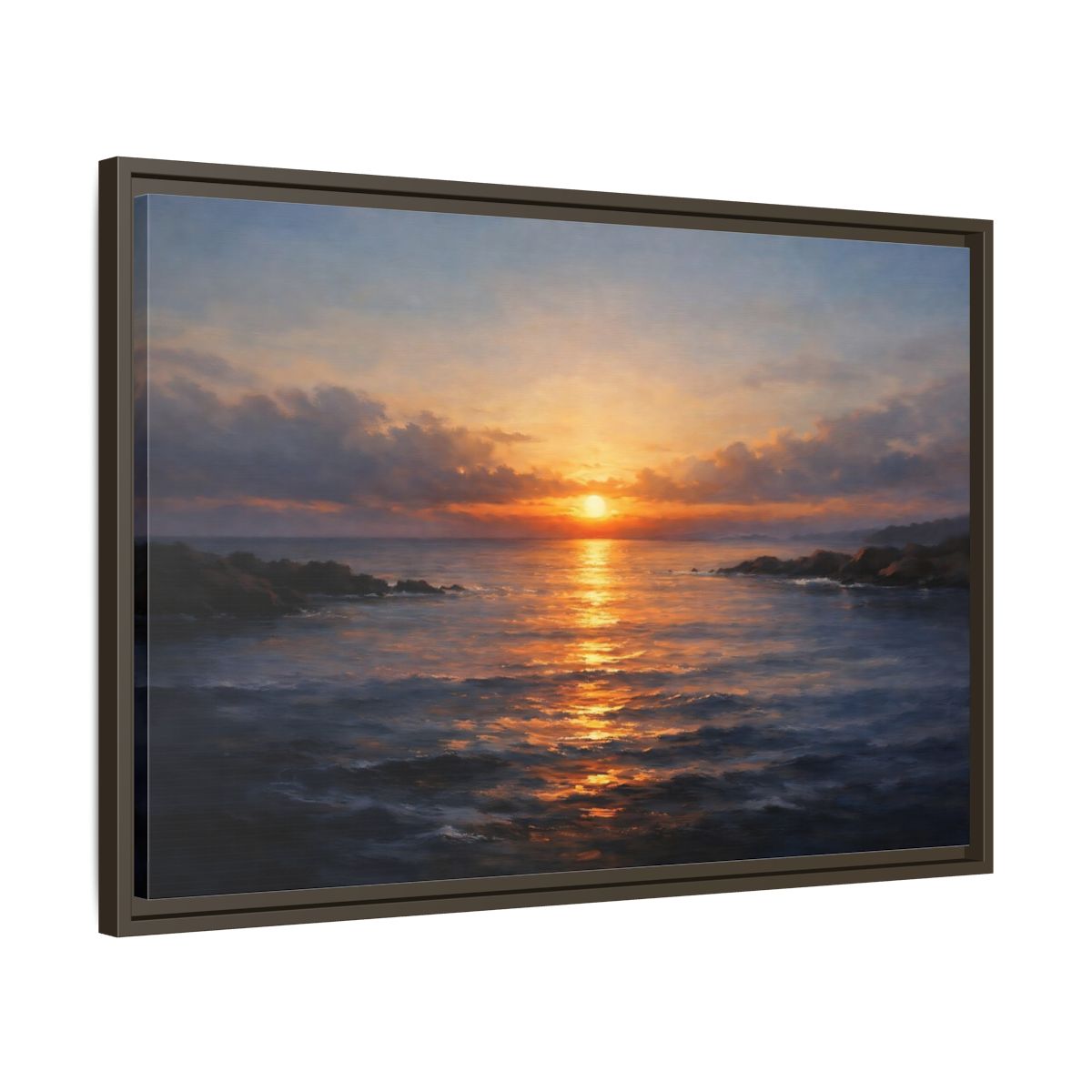 Side Mockup 11. Nature Ocean Sunset Orange Blue Sunset shown as stretched canvas wall art